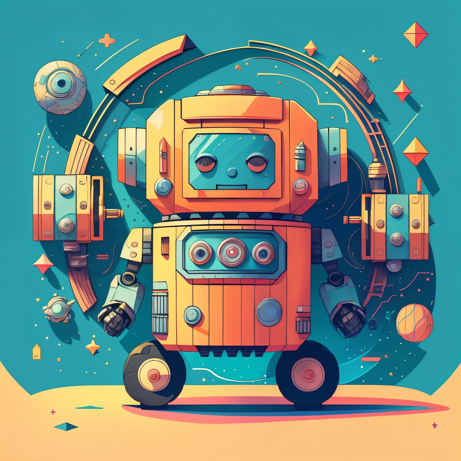 (cute robot smiling with wheels and a spaceship) Munchkin, Geometric multidimensional wall portrait, livro de arte, Tchibi,
Yang08k, Beautiful, Colouring,
Obras, of the highest quality, best quality, Arte Oficial, Beautiful and Aesthetic,