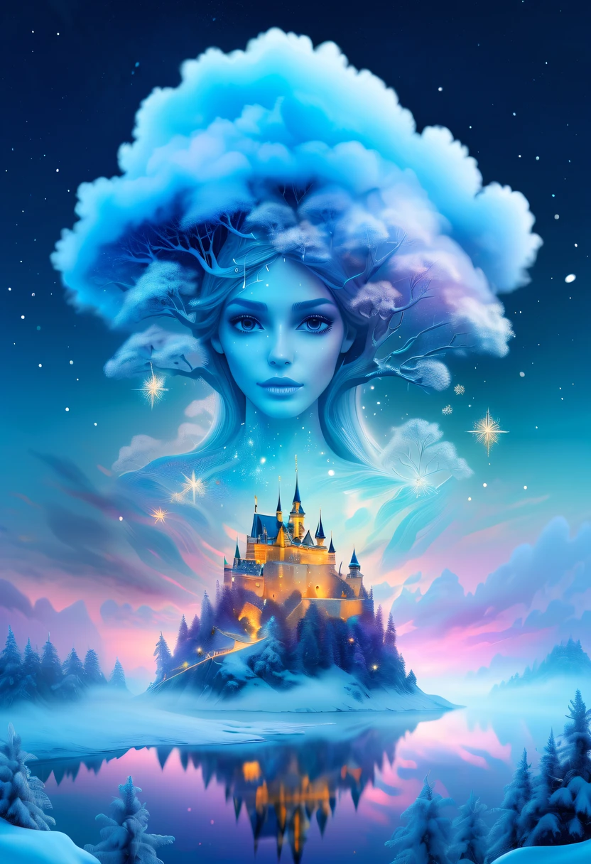 The princess's face appears in the air,(multiple exposure:1.5),winter landscape,Surreal wonderland,Dreamy cloud and fairy island,Colorful snowflakes are flying,A princess'The palace is covered with snow,The tree of life blooms with endless vitality,Twinkling stars in the night sky,Overlapping clouds and fog,Whimsical fantasy landscape art, Beautiful Art Ultra HD 8K, 8K highly detailed digital art, beautiful detailed fantasy, epic dreamlike fantasy landscape, Mysterious and dreamy scenery, Magic fantasy is very detailed, magical scenery, composed...consist of , and Snow Fantasy Floating Fairy Island, detailed fantasy digital art, 8K detailed digital art