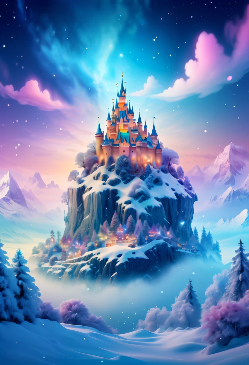 The princess's face appears in the air,(multiple exposure:1.5),winter landscape,Surreal wonderland,Dreamy cloud and fairy island,Colorful snowflakes are flying,A princess'The palace is covered with snow,The tree of life blooms with endless vitality,Twinkling stars in the night sky,Overlapping clouds and fog,Whimsical fantasy landscape art, Beautiful Art Ultra HD 8K, 8K highly detailed digital art, beautiful detailed fantasy, epic dreamlike fantasy landscape, Mysterious and dreamy scenery, Magic fantasy is very detailed, magical scenery, composed...consist of , and Snow Fantasy Floating Fairy Island, detailed fantasy digital art, 8K detailed digital art