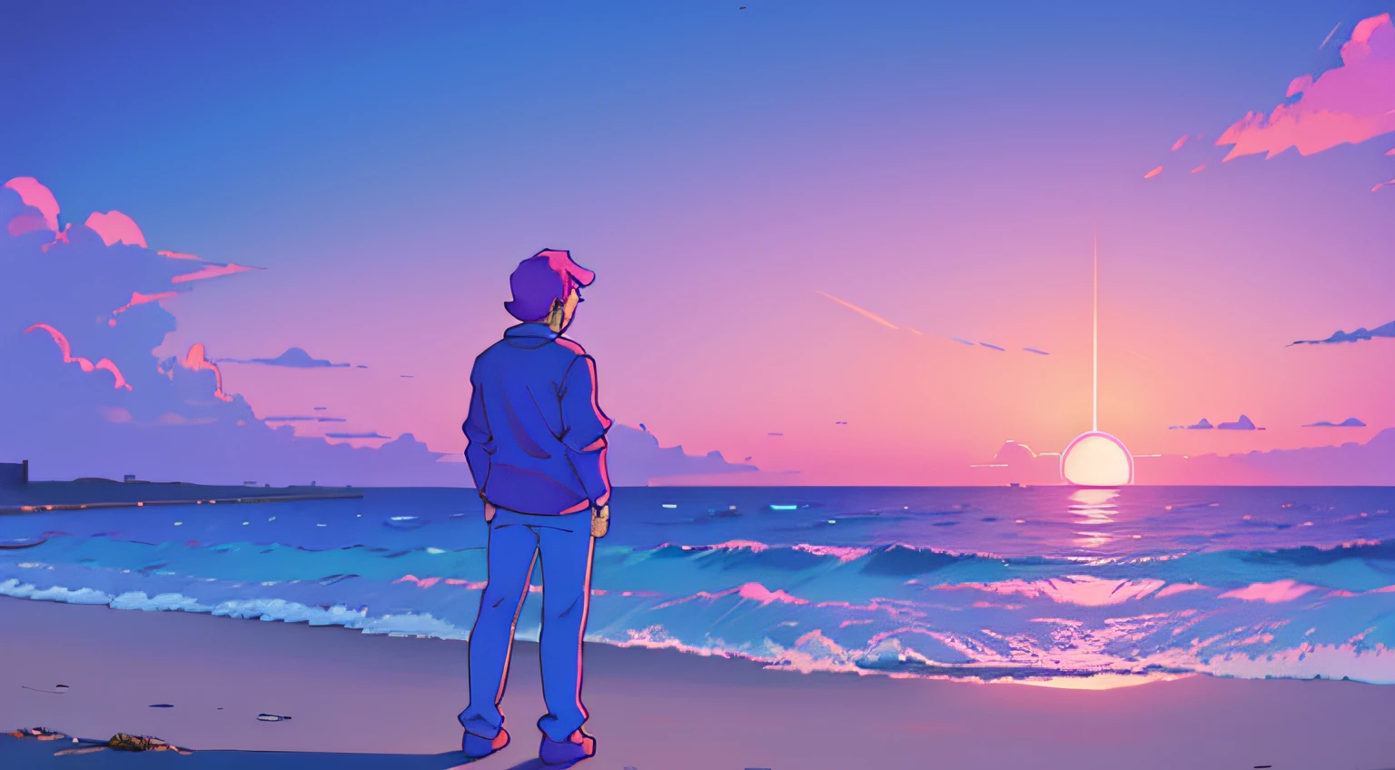 Man looking at the sea at sunset, blue and purple and bright pinks, synthwave colors, retro, old cartoons anime colors