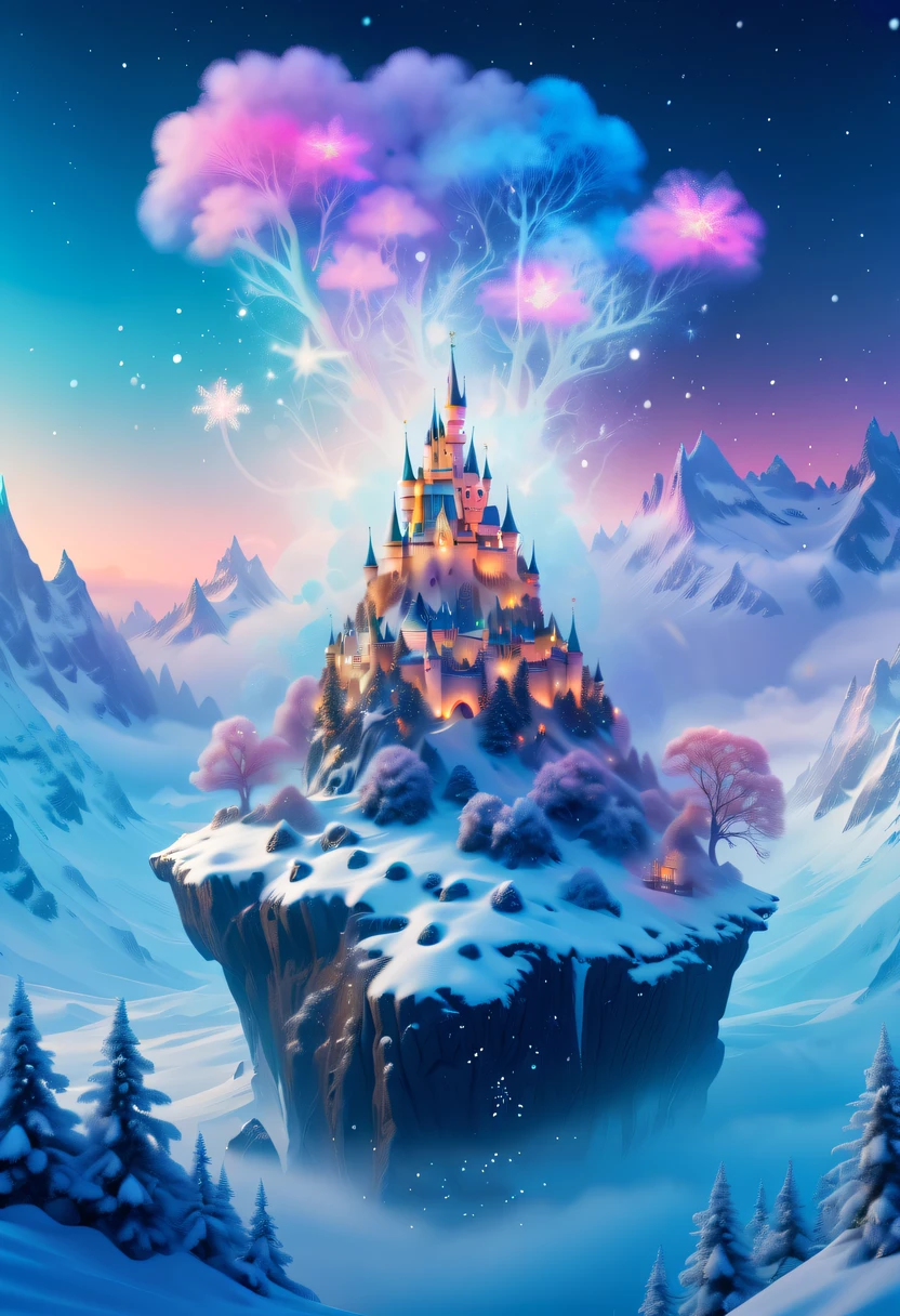 The princess's face appears in the air,(multiple exposure:1.5),winter landscape,Surreal wonderland,Dreamy cloud and fairy island,Colorful snowflakes are flying,A princess'The palace is covered with snow,The tree of life blooms with endless vitality,Twinkling stars in the night sky,Overlapping clouds and fog,Whimsical fantasy landscape art, Beautiful Art Ultra HD 8K, 8K highly detailed digital art, beautiful detailed fantasy, epic dreamlike fantasy landscape, Mysterious and dreamy scenery, Magic fantasy is very detailed, magical scenery, composed...consist of , and Snow Fantasy Floating Fairy Island, detailed fantasy digital art, 8K detailed digital art