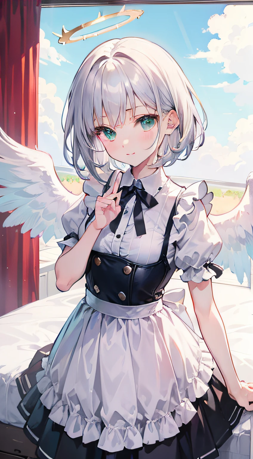 tmasterpiece, Best quality, Yuuri Saki Mika,Stood up,Bedroom get up,1 five year old girl, silver bob short hair, Side hair is long and curly,Green-eyed, Maid skirt,Three pairs of angel wings,angelic halo,ssmile,