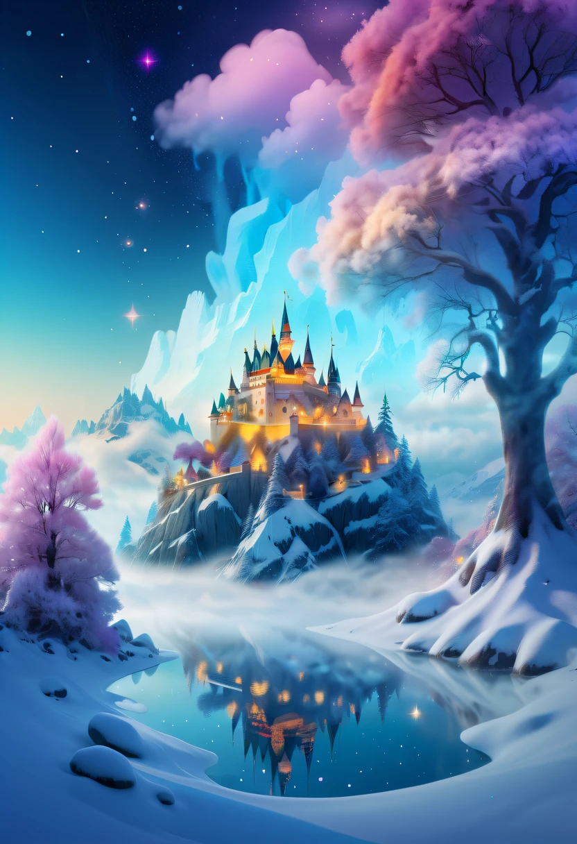 The princess&#39;s face appears in the air，(multiple exposure:1.5),winter landscape，Surreal wonderland，Dreamy cloud and fairy island，Colorful snowflakes are flying，A princess&#39;The palace is covered with snow，The tree of life blooms with endless vitality，Twinkling stars in the night sky，Overlapping clouds and fog，Whimsical fantasy landscape art, Beautiful Art Ultra HD 8K, 8K highly detailed digital art, beautiful detailed fantasy, epic dreamlike fantasy landscape, Mysterious and dreamy scenery, Magic fantasy is very detailed, magical scenery, composed...consist of ,  and Snow Fantasy Floating Fairy Island, detailed fantasy digital art, 8K detailed digital art