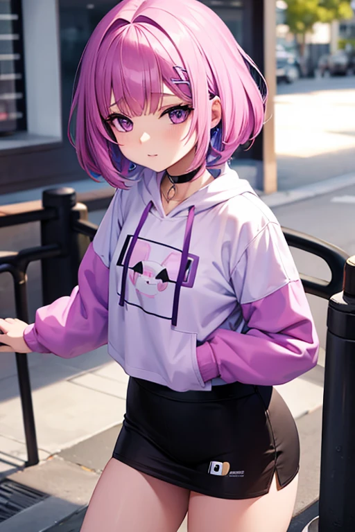 Chica anime, pelo corto blanco, purple eyes, sudadera con capucha, PC, gallardete, Vtuber, Estilo callejero