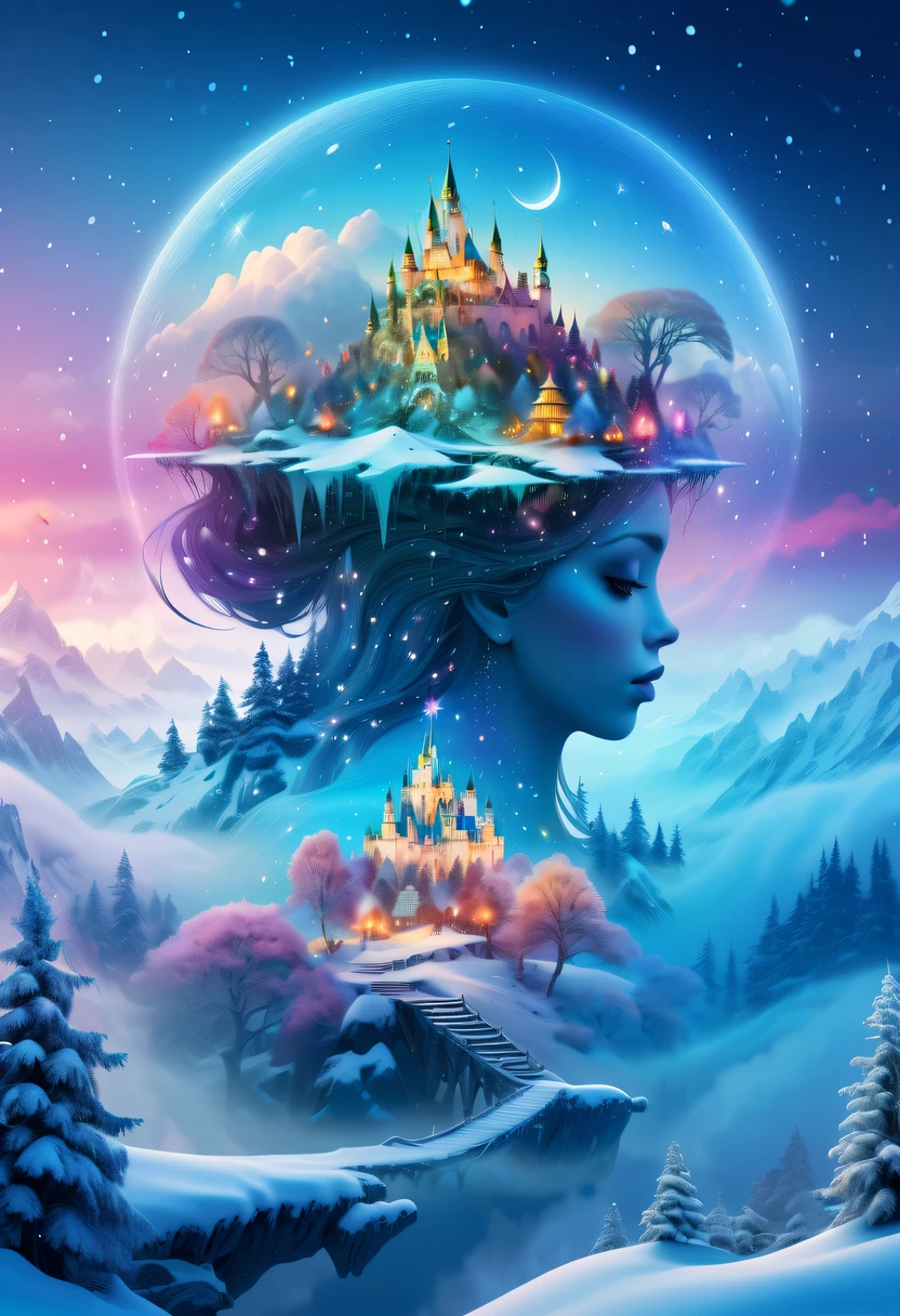 The princess's face appears in the air,(multiple exposure:1.5),winter landscape,Surreal wonderland,Dreamy cloud and fairy island,Colorful snowflakes are flying,A princess'The palace is covered with snow,The tree of life blooms with endless vitality,Twinkling stars in the night sky,Overlapping clouds and fog,Whimsical fantasy landscape art, Beautiful Art Ultra HD 8K, 8K highly detailed digital art, beautiful detailed fantasy, epic dreamlike fantasy landscape, Mysterious and dreamy scenery, Magic fantasy is very detailed, magical scenery, composed...consist of , and Snow Fantasy Floating Fairy Island, detailed fantasy digital art, 8K detailed digital art