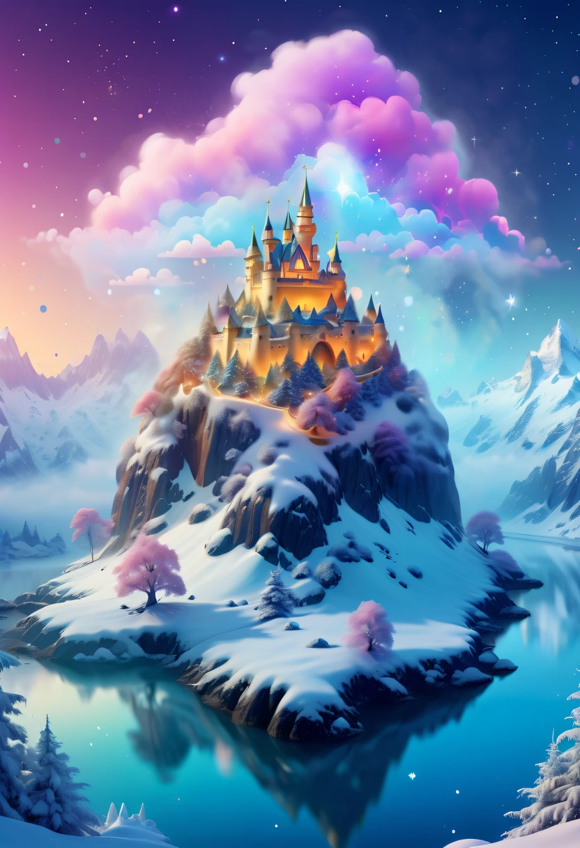 The princess's face appears in the air,(multiple exposure:1.5),winter landscape,Surreal wonderland,Dreamy cloud and fairy island,Colorful snowflakes are flying,A princess'The palace is covered with snow,The tree of life blooms with endless vitality,Twinkling stars in the night sky,Overlapping clouds and fog,Whimsical fantasy landscape art, Beautiful Art Ultra HD 8K, 8K highly detailed digital art, beautiful detailed fantasy, epic dreamlike fantasy landscape, Mysterious and dreamy scenery, Magic fantasy is very detailed, magical scenery, composed...consist of , and Snow Fantasy Floating Fairy Island, detailed fantasy digital art, 8K detailed digital art