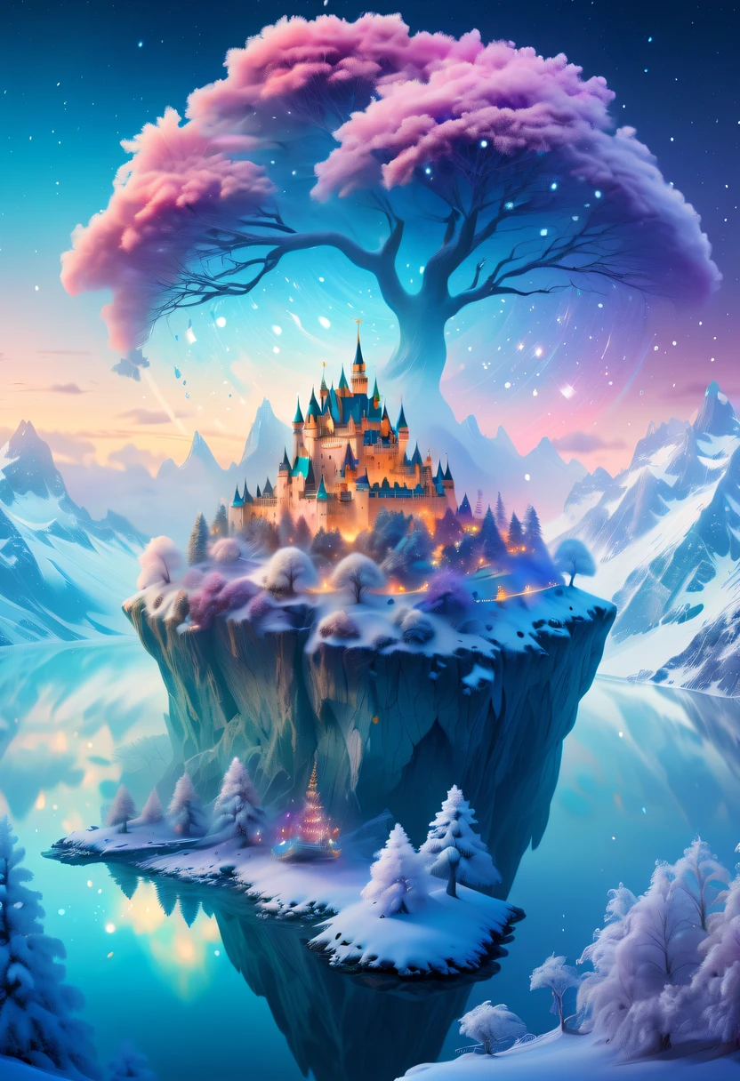 The princess&#39;s face appears in the air，(multiple exposure:1.5),winter landscape，Surreal wonderland，Dreamy cloud and fairy island，Colorful snowflakes are flying，A princess&#39;The palace is covered with snow，The tree of life blooms with endless vitality，Twinkling stars in the night sky，Overlapping clouds and fog，Whimsical fantasy landscape art, Beautiful Art Ultra HD 8K, 8K highly detailed digital art, beautiful detailed fantasy, epic dreamlike fantasy landscape, Mysterious and dreamy scenery, Magic fantasy is very detailed, magical scenery, composed...consist of ,  and Snow Fantasy Floating Fairy Island, detailed fantasy digital art, 8K detailed digital art