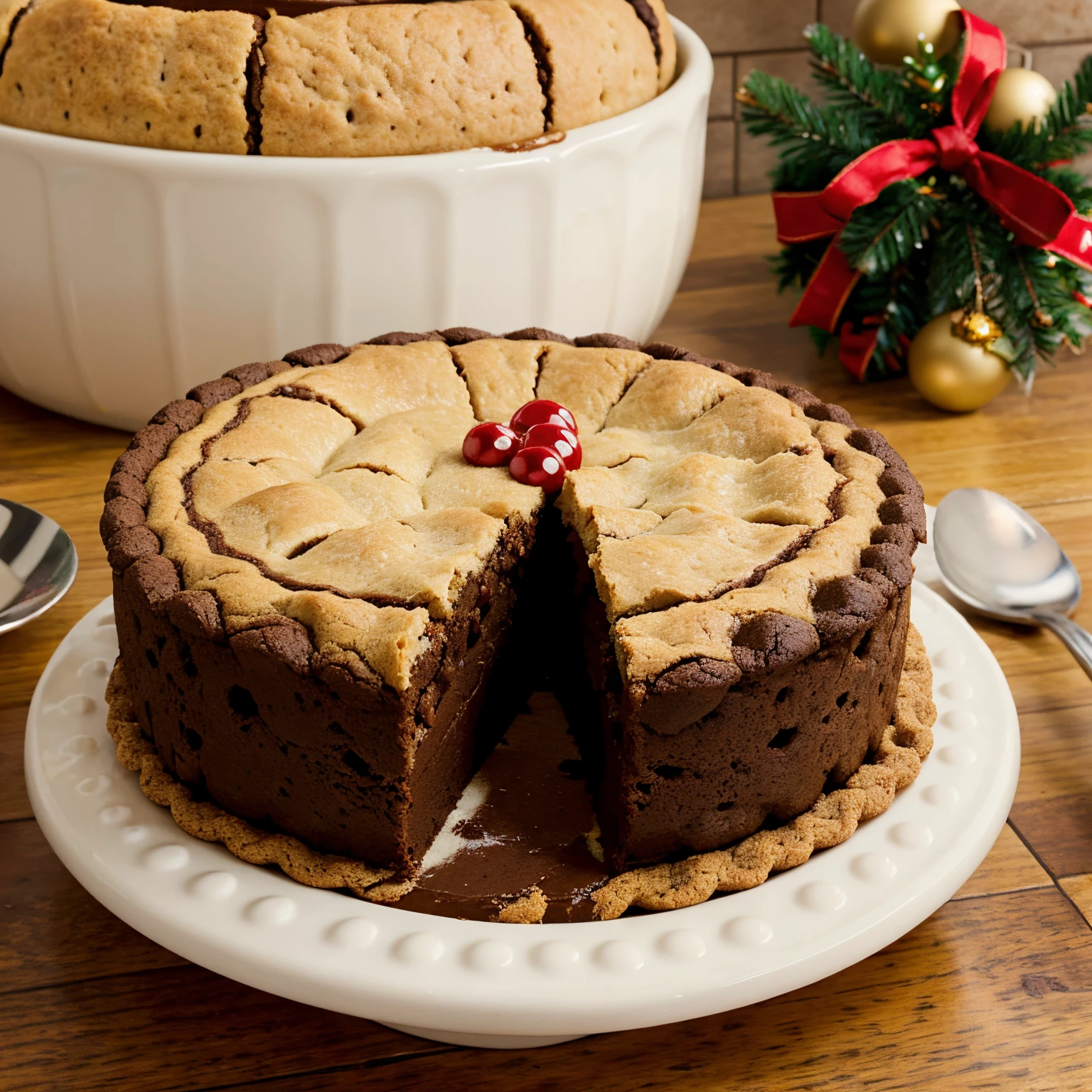 An image of a Disney pixar-style baker in the middle of a Christmas pie production, chocotones, biscoitos em uma cozinha decorada para natal e o nome em um letreiro luminoso DOCE BROWNIE
