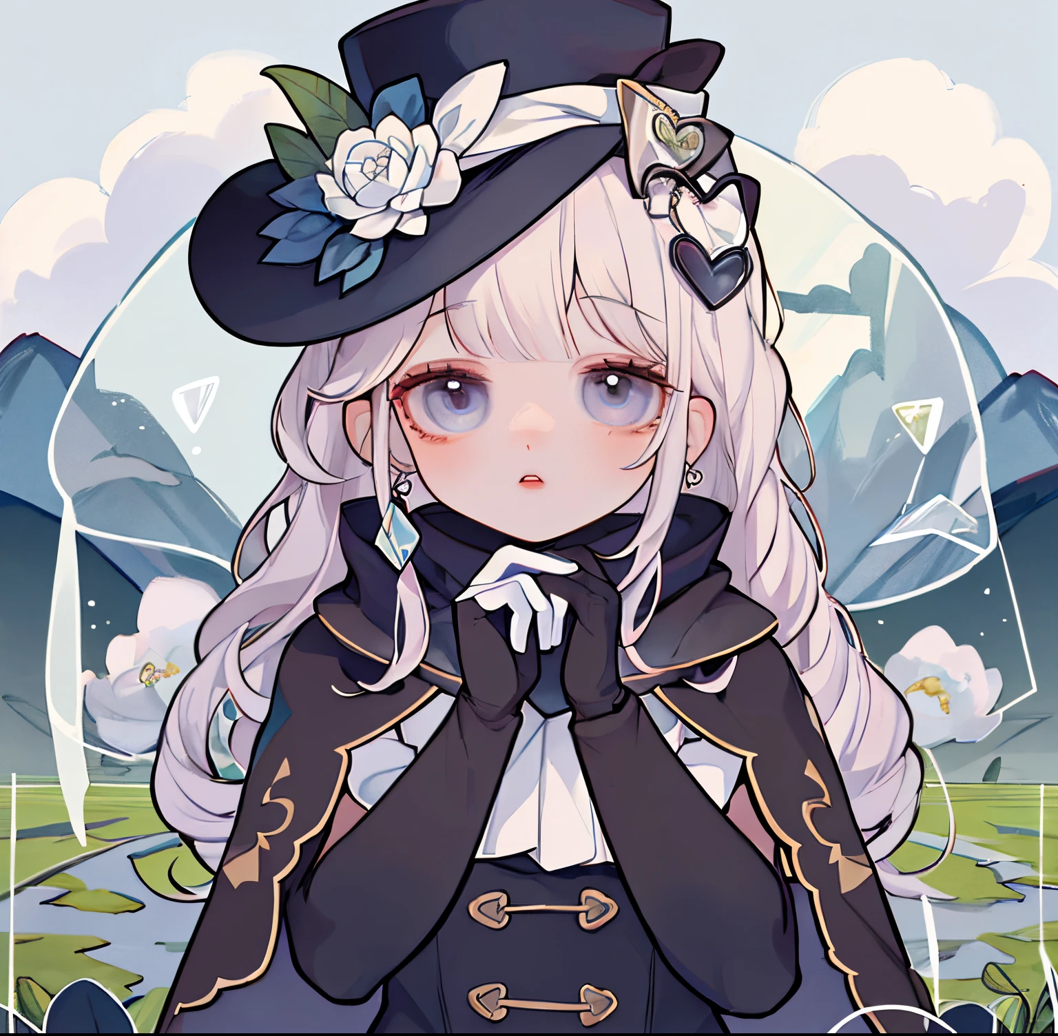 masterpiece, best quality, outdoors, grass, field, flower field,
cosmieyes, eye focus, eyelashes, reflection,
minukidef, 1girl, solo, looking at viewer, upper body,
hat, top hat, jewelry, cape, blue headwear, earrings, scarf, gloves, white gloves, dress, spade (shape), club (shape), diamond (shape), heart, boots, (hands_with_5_fingers), ((perfect_hands):0.5), ((perfect_fingers):0.5), ((perfect_legs):0.5), ((better_hands):0.5)