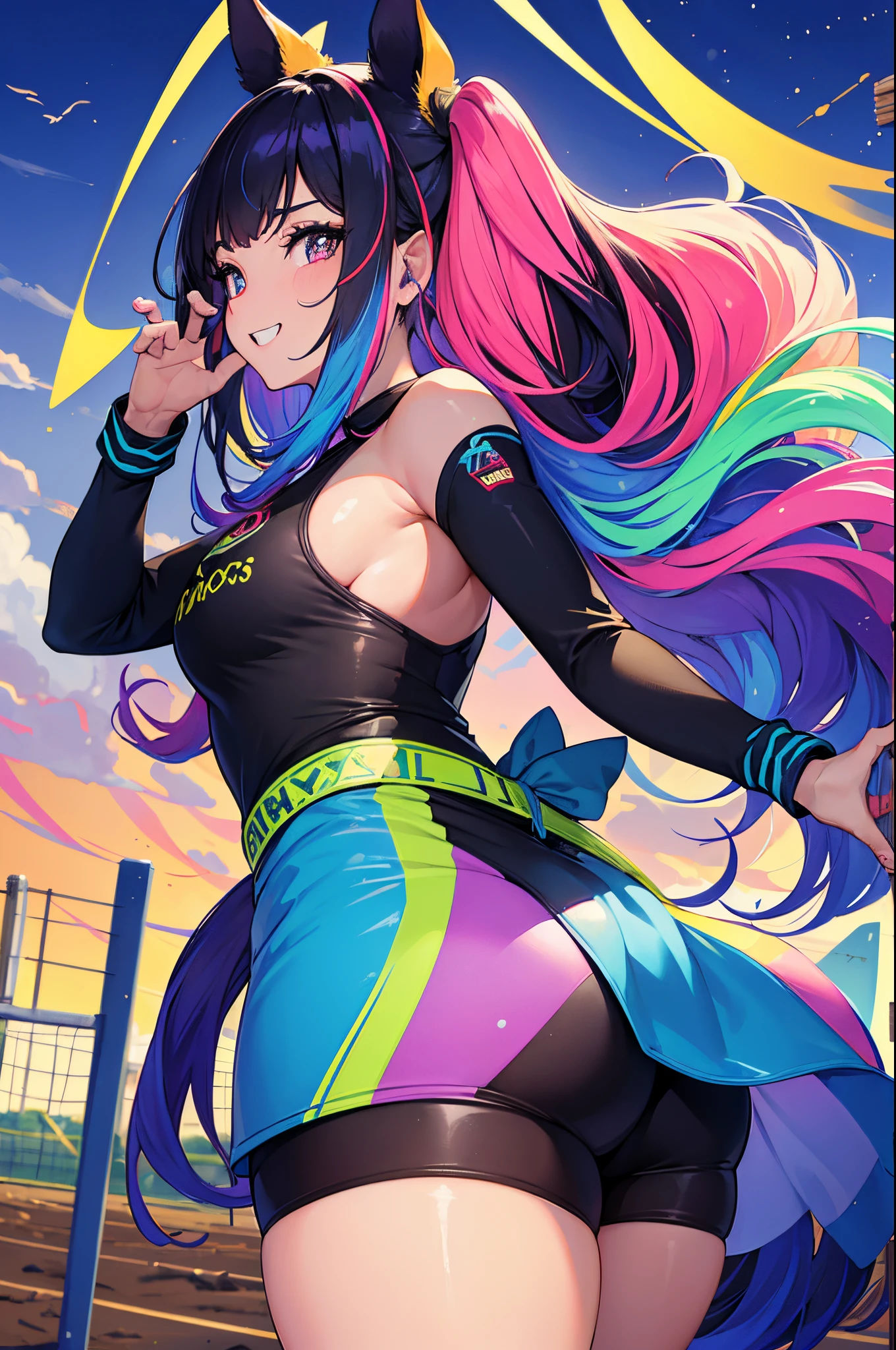 (obra-prima, melhor qualidade: 1.2),solo, girl with horse ears, sorriso, de costas para o espectador,big butt, roupas esportivas, campo de futebol, diamond, multicolored hair, multicolored eyes