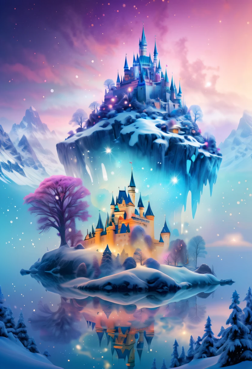 The princess's face appears in the air,(multiple exposure:1.5),winter landscape,Surreal wonderland,Dreamy cloud and fairy island,Colorful snowflakes are flying,A princess'The palace is covered with snow,The tree of life blooms with endless vitality,Twinkling stars in the night sky,Overlapping clouds and fog,Whimsical fantasy landscape art, Beautiful Art Ultra HD 8K, 8K highly detailed digital art, beautiful detailed fantasy, epic dreamlike fantasy landscape, Mysterious and dreamy scenery, Magic fantasy is very detailed, magical scenery, composed...consist of , and Snow Fantasy Floating Fairy Island, detailed fantasy digital art, 8K detailed digital art