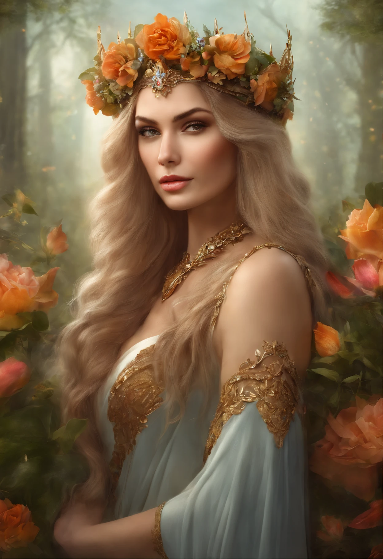 Arafed image of a woman with a crown and flowers, beautiful fantasy art portrait, beautiful fantasy portrait, fantasy art portrait, Detailed matte fantasy portrait, fantasy portrait art, fantasy portrait, fantasy concept art portrait, beautiful fantasy maiden, portrait of an elf queen, beautiful fantasy art, beautiful character painting, ((beautiful fantasy empress, beautiful maiden, a beautiful fantasy empress