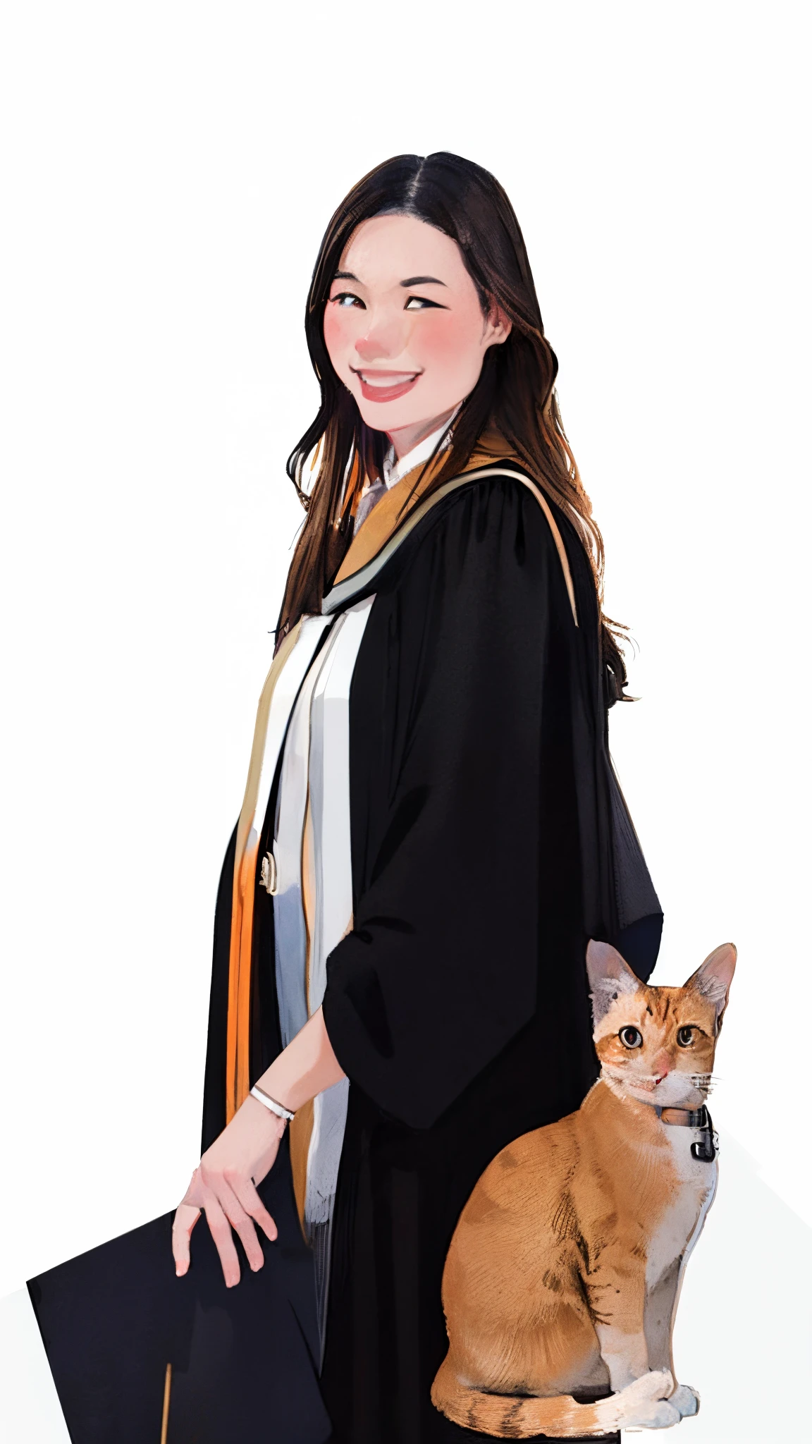 (masterpiece:1.2),illustration,lineart,texture,a woman black long hair smiles showing white teeth and wearing black graduation gown with brown stripes, a orange cat with bell collar ,isolated from background,warm color palette,soft natural light ,detailed pencil strokes,delicate outlines,distinct shadows,subtle shading,impeccable attention to detail,highly realistic,artistic touches,vibrant and lifelike rendering,professional-level skill,white background,warm and inviting atmosphere,peaceful and relaxed expression,sophisticated and elegant aesthetics.