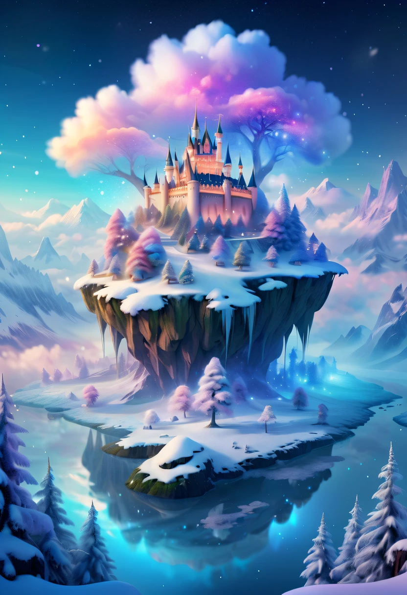 The princess's face appears in the air,(multiple exposure:1.2),winter landscape,Surreal wonderland,Dreamy cloud and fairy island,Colorful snowflakes are flying,A princess'The palace is covered with snow,The tree of life blooms with endless vitality,Twinkling stars in the night sky,Overlapping clouds and fog,Whimsical fantasy landscape art, Beautiful Art Ultra HD 8K, 8K highly detailed digital art, beautiful detailed fantasy, epic dreamlike fantasy landscape, Mysterious and dreamy scenery, Magic fantasy is very detailed, magical scenery, composed...consist of , and Snow Fantasy Floating Fairy Island, detailed fantasy digital art, 8K detailed digital art