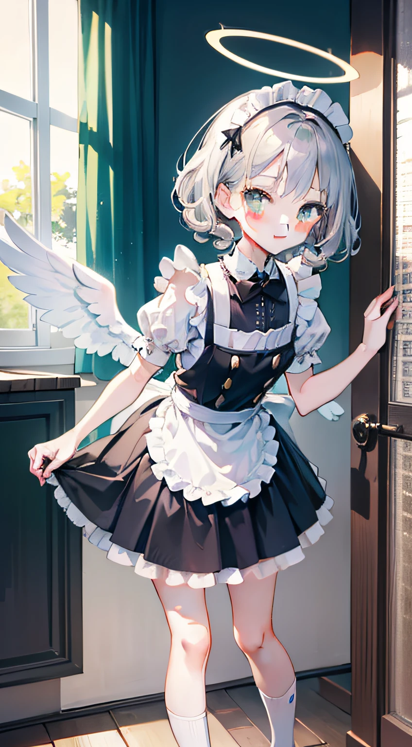 tmasterpiece, Best quality at best, Yuuri Saki Mika，The stands up，bedroom wake up call，1 five year old girl, silver bob short hair, Side hair is long and curly，Green-eyed, Maid skirt,Three pairs of angel wings，angelic halo，ssmile，