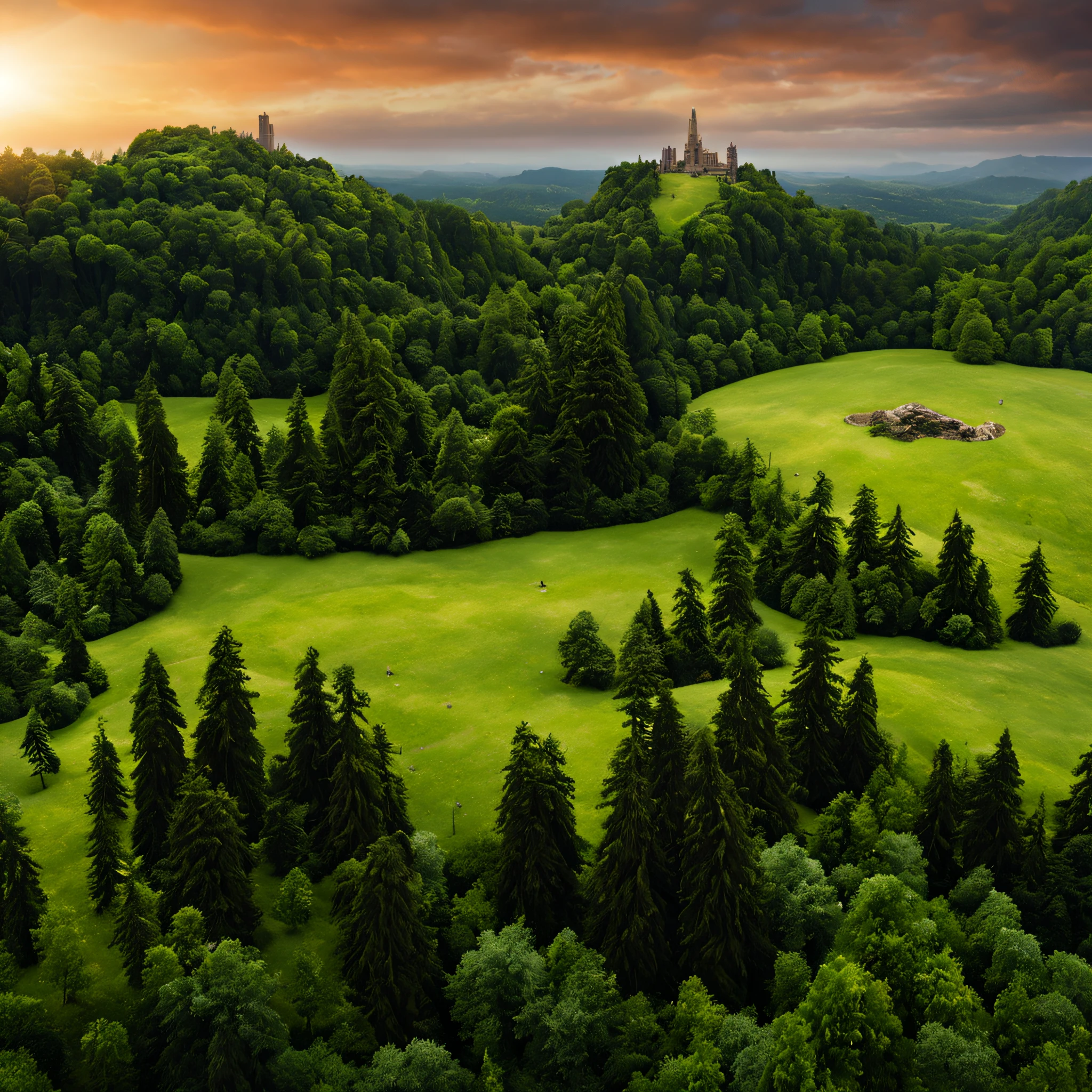 create a digital matte painting of a forest landscape with many tall green trees, with giant rocky mountains in a science fiction movie setting with ancient stone temples embedded in high rocks, the scene takes place in a clearing in the center of a dense and wide forest of giant trees and plants,in the sky of this illustration, um astronauta masculino com uniforme branco caminha em uma estrada de pedras perto em frente e uma escadaria gigante de um templo, Close detalhado e realista do astronauta, detalhamento da roupa espacial do astronauta, add a field full of red flower buds on the green grass ground next to a path next to the green grass towards the large forest and situated in the background of the scene against the background of a blue sky with white 3D clouds, ultra realism in the matte painting cinematography of the illustration based on the matte painting art of artist Albert Whitlock
