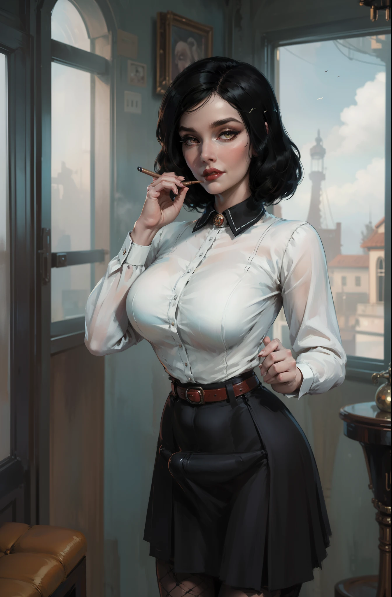 ( there is a woman holding a cigarette in her hand ),( Elizabeth from Burial at Sea ) (realistic:1.5), (fully dressed), ((female in 1950 hair short hair style a white long-sleeved blouse, her bird cameo, a black knee-length tight fitted skirt with a red belt, fishnet stockings and black heels with an ankle strap. Her hairstyle is brushed out pin curls and she wears make-up. )), (long black skirt:1.2) (white shirt:1.2) (masterpiece), (specular lighting:1.3), (hyperrealistic:1.2), (photorealistic face:1.2), (perfect face), (perfect eyeest quality), (there is a woman holding a cigarette in her hand, elizabeth from bioshock Burial at Sea, dramatic smoking pose, epic and classy portrait, beautiful , with smoke, cigarette, bioshock steampunk portrait ), (4k), sharp focus, octane render, best quality, extremely detailed, intricate, fantasy, soft lighting, (curvy:1.3), ( big eyes :1.3), (futanari:1.2), thick eyelashes, long eyelashes, ( slim ), smile, ((1950:1.5)), ( red lips, long eyelashes, mascara, eyeliner, eyeshadow, makeupt:1.3), cosy, looking at viewer, detailed skin , zfuta futanari, (bulge:1.5)