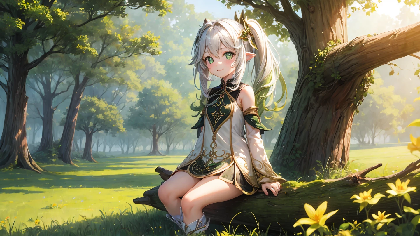 masterpiece, 1girl, wide shot, sit at log, nahidadef, field of grass background, smile, looking at viewer, sun lightning