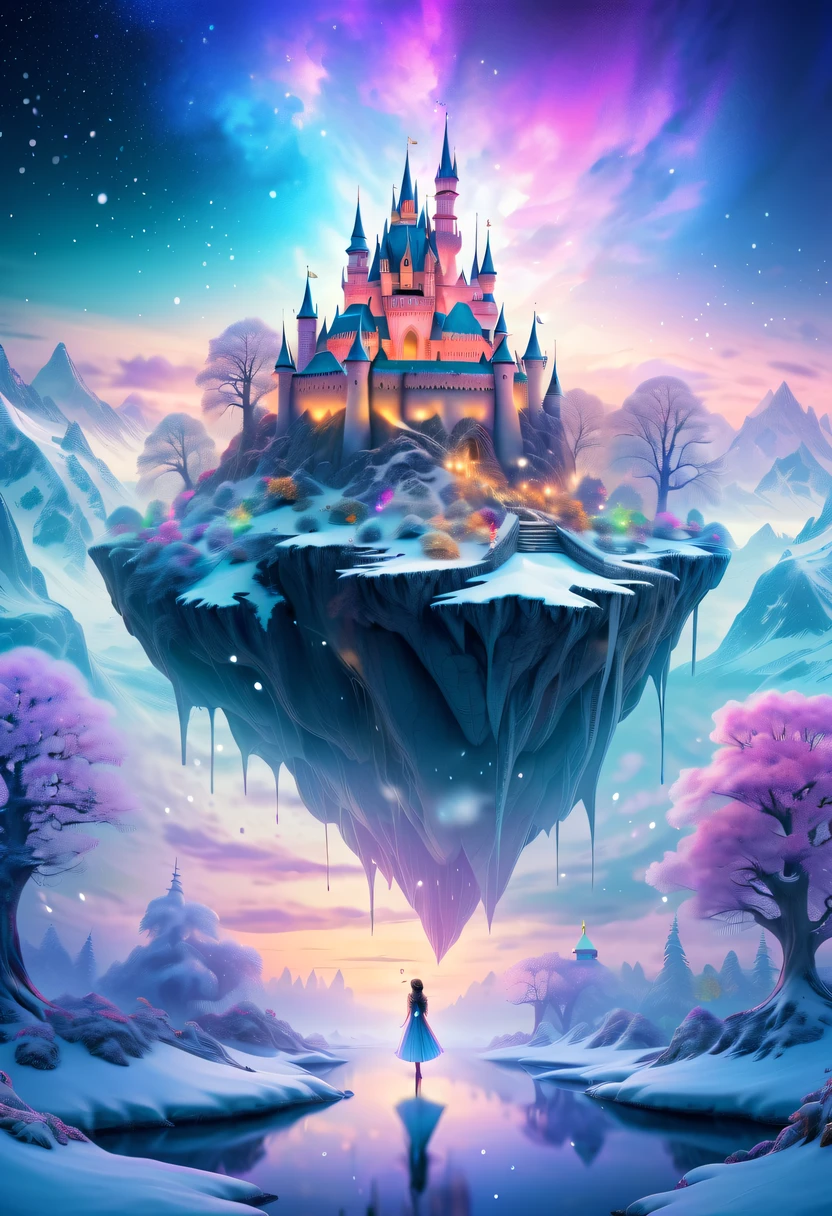 The princess&#39;s face appears in the air，(multiple exposure:1.2),winter landscape，Surreal wonderland，Dreamy cloud and fairy island，Colorful snowflakes are flying，A princess&#39;The palace is covered with snow，The tree of life blooms with endless vitality，Twinkling stars in the night sky，Overlapping clouds and fog，Whimsical fantasy landscape art, Beautiful Art Ultra HD 8K, 8K highly detailed digital art, beautiful detailed fantasy, epic dreamlike fantasy landscape, Mysterious and dreamy scenery, Magic fantasy is very detailed, magical scenery, composed...consist of ,  and Snow Fantasy Floating Fairy Island, detailed fantasy digital art, 8K detailed digital art