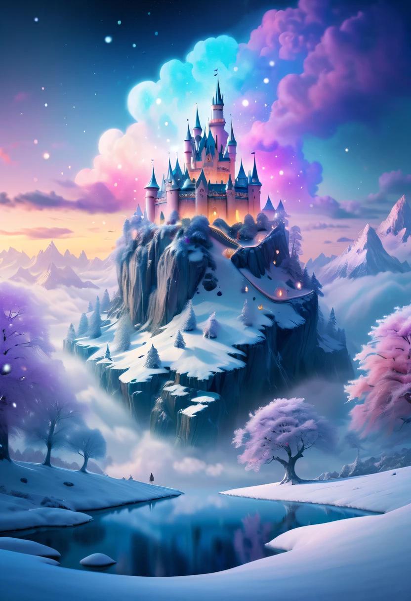 The princess's face appears in the air,(multiple exposure:1.2),winter landscape,Surreal wonderland,Dreamy cloud and fairy island,Colorful snowflakes are flying,A princess'The palace is covered with snow,The tree of life blooms with endless vitality,Twinkling stars in the night sky,Overlapping clouds and fog,Whimsical fantasy landscape art, Beautiful Art Ultra HD 8K, 8K highly detailed digital art, beautiful detailed fantasy, epic dreamlike fantasy landscape, Mysterious and dreamy scenery, Magic fantasy is very detailed, magical scenery, composed...consist of , and Snow Fantasy Floating Fairy Island, detailed fantasy digital art, 8K detailed digital art