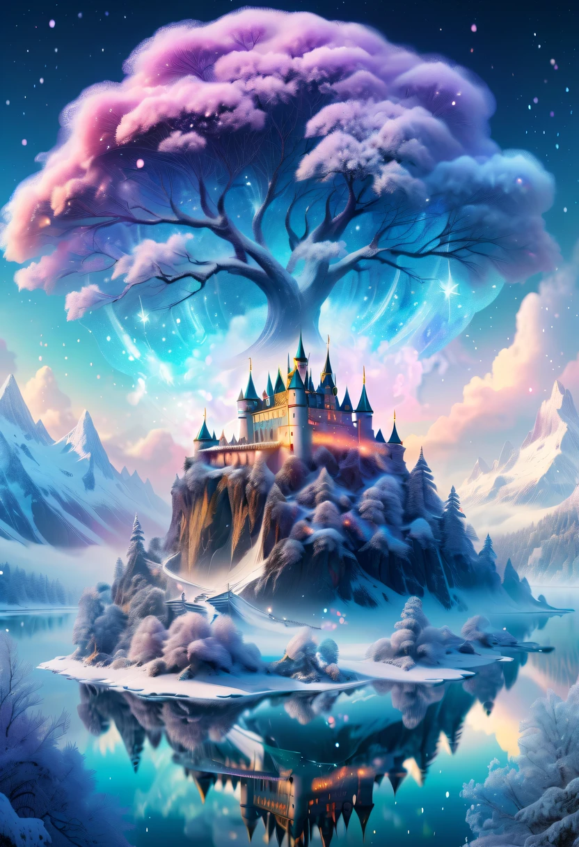 The princess's face appears in the air,(multiple exposure:1.2),winter landscape,Surreal wonderland,Dreamy cloud and fairy island,Colorful snowflakes are flying,A princess'The palace is covered with snow,The tree of life blooms with endless vitality,Twinkling stars in the night sky,Overlapping clouds and fog,Whimsical fantasy landscape art, Beautiful Art Ultra HD 8K, 8K highly detailed digital art, beautiful detailed fantasy, epic dreamlike fantasy landscape, Mysterious and dreamy scenery, Magic fantasy is very detailed, magical scenery, composed...consist of , and Snow Fantasy Floating Fairy Island, detailed fantasy digital art, 8K detailed digital art