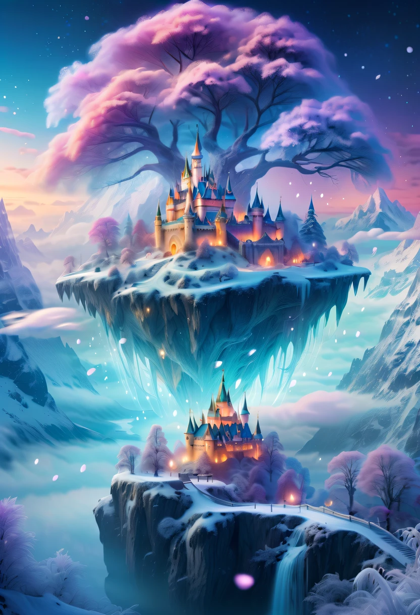 The princess's face appears in the air,(multiple exposure:1.2),winter landscape,Surreal wonderland,Dreamy cloud and fairy island,Colorful snowflakes are flying,A princess'The palace is covered with snow,The tree of life blooms with endless vitality,Twinkling stars in the night sky,Overlapping clouds and fog,Whimsical fantasy landscape art, Beautiful Art Ultra HD 8K, 8K highly detailed digital art, beautiful detailed fantasy, epic dreamlike fantasy landscape, Mysterious and dreamy scenery, Magic fantasy is very detailed, magical scenery, composed...consist of , and Snow Fantasy Floating Fairy Island, detailed fantasy digital art, 8K detailed digital art
