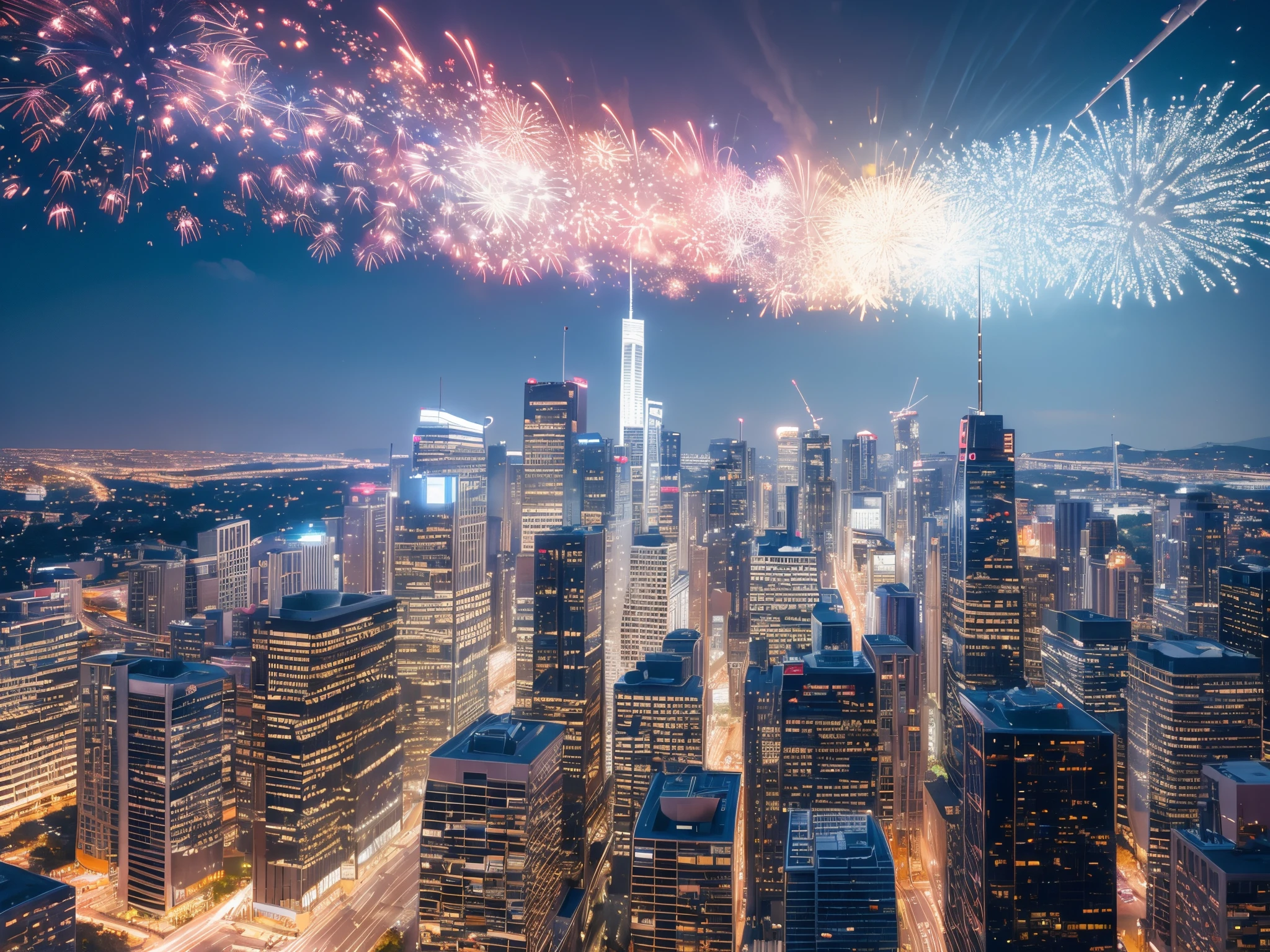 Craft a cityscape where buildings are draped in star-spangled banners and fractal lights, transforming the skyline into a patriotic masterpiece for Independence Day.