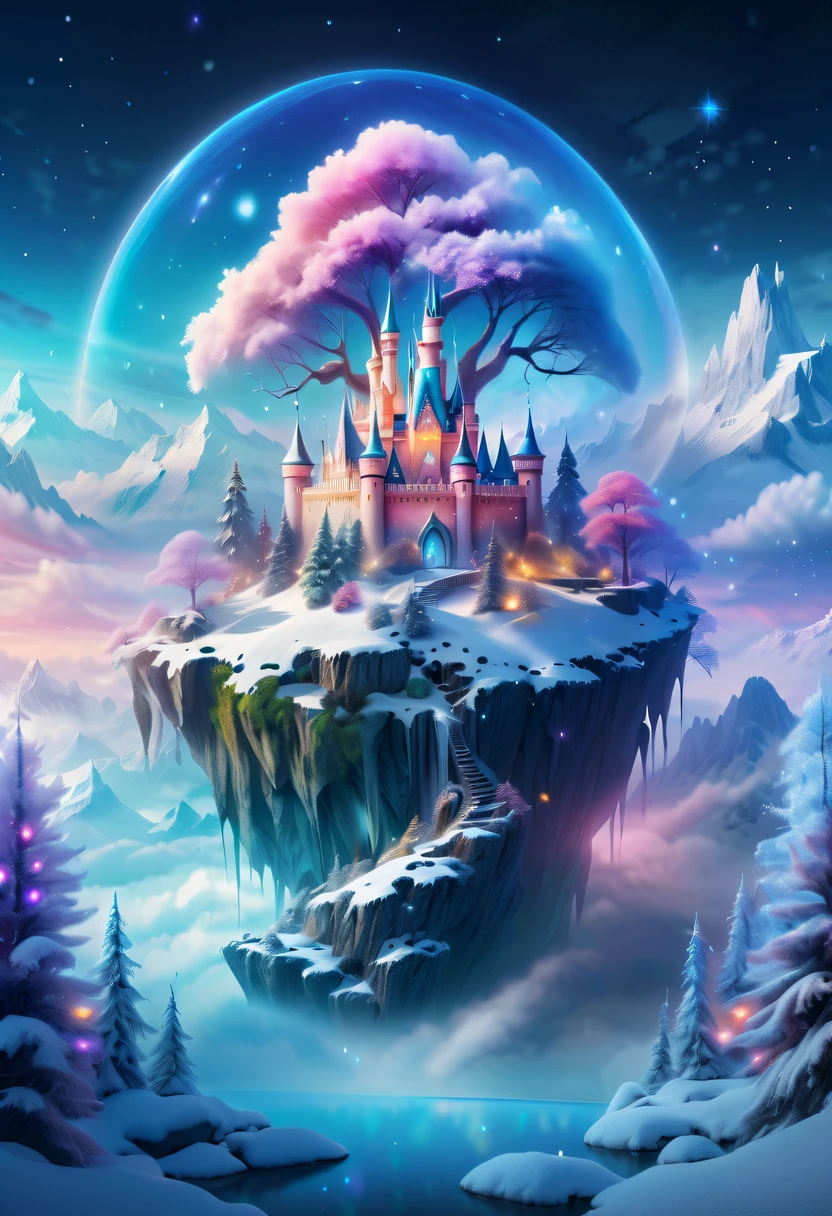 The princess's face appears in the air,(multiple exposure:1.2),winter landscape,Surreal wonderland,Dreamy cloud and fairy island,Colorful snowflakes are flying,A princess'The palace is covered with snow,The tree of life blooms with endless vitality,Twinkling stars in the night sky,Overlapping clouds and fog,Whimsical fantasy landscape art, Beautiful Art Ultra HD 8K, 8K highly detailed digital art, beautiful detailed fantasy, epic dreamlike fantasy landscape, Mysterious and dreamy scenery, Magic fantasy is very detailed, magical scenery, composed...consist of , and Snow Fantasy Floating Fairy Island, detailed fantasy digital art, 8K detailed digital art