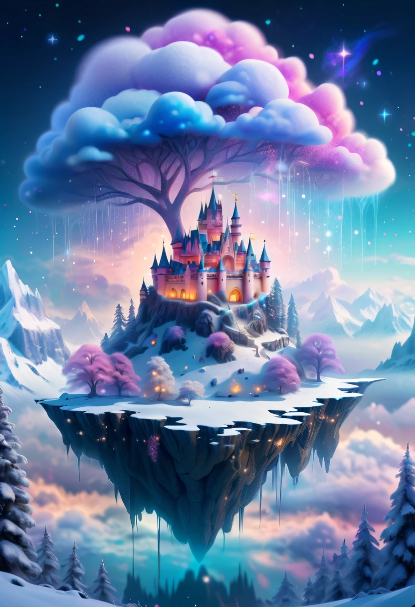 The princess&#39;s face appears in the air，(multiple exposure:1.2),winter landscape，Surreal wonderland，Dreamy cloud and fairy island，Colorful snowflakes are flying，A princess&#39;The palace is covered with snow，The tree of life blooms with endless vitality，Twinkling stars in the night sky，Overlapping clouds and fog，Whimsical fantasy landscape art, Beautiful Art Ultra HD 8K, 8K highly detailed digital art, beautiful detailed fantasy, epic dreamlike fantasy landscape, Mysterious and dreamy scenery, Magic fantasy is very detailed, magical scenery, composed...consist of ,  and Snow Fantasy Floating Fairy Island, detailed fantasy digital art, 8K detailed digital art