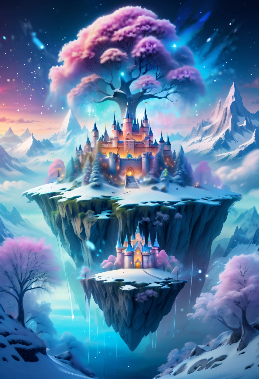 The princess&#39;s face appears in the air，(multiple exposure:1.2),winter landscape，Surreal wonderland，Dreamy cloud and fairy island，Colorful snowflakes are flying，A princess&#39;The palace is covered with snow，The tree of life blooms with endless vitality，Twinkling stars in the night sky，Overlapping clouds and fog，Whimsical fantasy landscape art, Beautiful Art Ultra HD 8K, 8K highly detailed digital art, beautiful detailed fantasy, epic dreamlike fantasy landscape, Mysterious and dreamy scenery, Magic fantasy is very detailed, magical scenery, composed...consist of ,  and Snow Fantasy Floating Fairy Island, detailed fantasy digital art, 8K detailed digital art