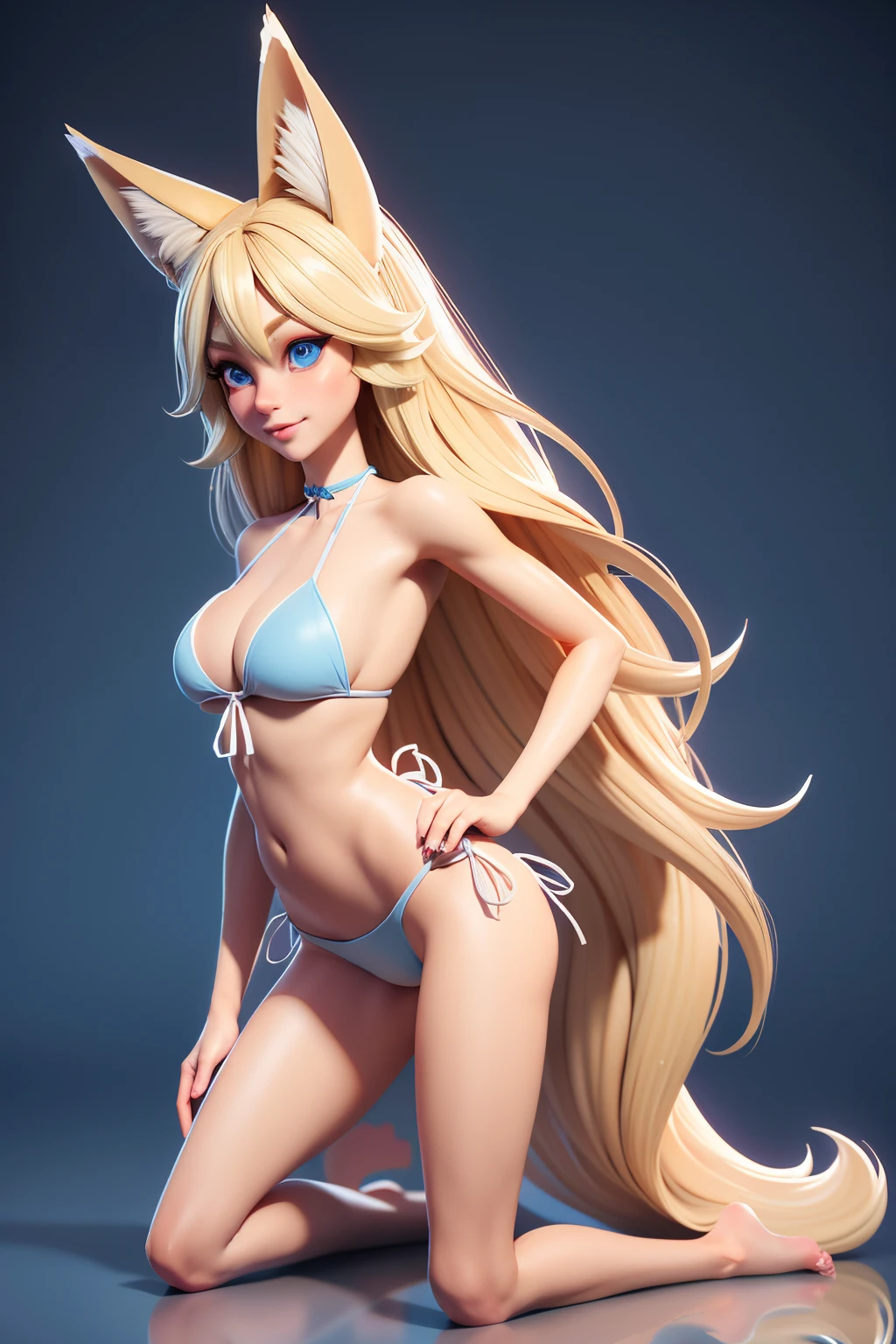 Beautiful 1girl, full body, ager, solo, (very long waist length blonde hair, straight blonde hair: 1.28), ((light blue eyes)), clear skin, (large darker fox ears: 1.35), pale skin, medium breasts, cleavage, (thin hips, thin waist , athletic body: 1.25), background, looking away, (wearing only a bikini: 1.5), groping chest, kneeling in the sand, masterpiece, best quality,3d rending work ,3DMM style, close-up, portrait, 3D,
