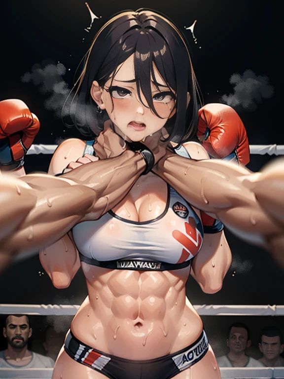 Ryona, (abdominal stimulation:1.3), ((Mature female boxer and boxer girl)), sexy lips, sports bra, ((boxing gloves ,sweat all over the body,（An enthusiastic look）,steam,((Hugs boxer girl from behind)),((two womans)),in crotch,Inserted from behind,eyes rolling,Ripe body,Immature Body,NSFW,female face,standing back, (cum on clothes:1.3), Abs