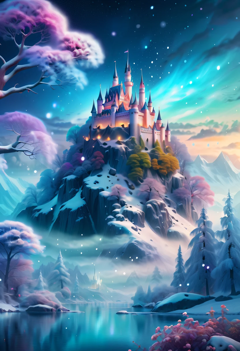 The princess's face appears in the air,(multiple exposure:1.2),winter landscape,Surreal wonderland,Dreamy cloud and fairy island,Colorful snowflakes are flying,A princess'The palace is covered with snow,The tree of life blooms with endless vitality,Twinkling stars in the night sky,Overlapping clouds and fog,Whimsical fantasy landscape art, Beautiful Art Ultra HD 8K, 8K highly detailed digital art, beautiful detailed fantasy, epic dreamlike fantasy landscape, Mysterious and dreamy scenery, Magic fantasy is very detailed, magical scenery, composed...consist of , and Snow Fantasy Floating Fairy Island, detailed fantasy digital art, 8K detailed digital art