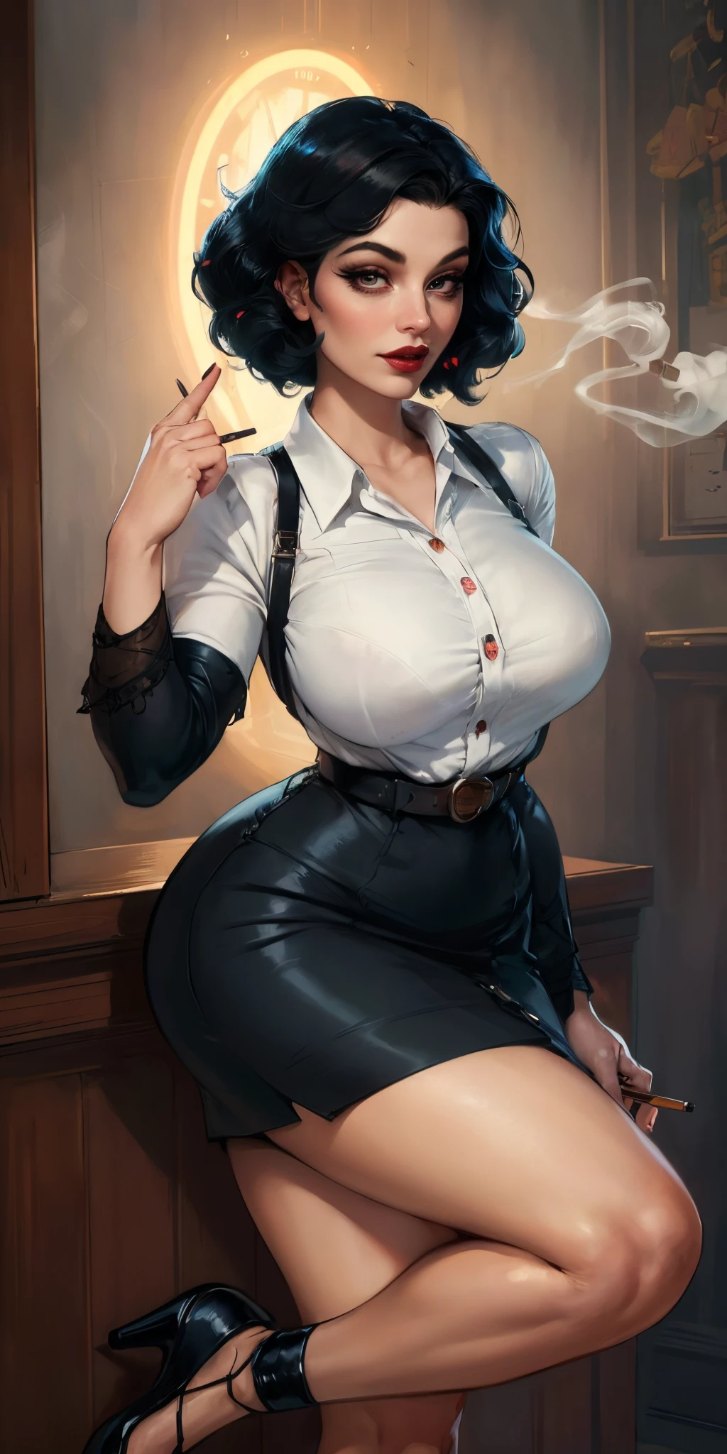 ( there is a woman holding a cigarette in her hand ),( Elizabeth from Burial at Sea ) (realistic:1.5), (fully dressed), ((female in 1950 hair short hair style a white long-sleeved blouse, her bird cameo, a black knee-length tight fitted skirt with a red belt, fishnet stockings and black heels with an ankle strap. Her hairstyle is brushed out pin curls and she wears make-up. )), (long black skirt:1.2) (white shirt:1.2) (masterpiece), (specular lighting:1.3), (hyperrealistic:1.2), (photorealistic face:1.2), (perfect face), (perfect eyeest quality), (there is a woman holding a cigarette in her hand, elizabeth from bioshock Burial at Sea, dramatic smoking pose, epic and classy portrait, beautiful , with smoke, cigarette, bioshock steampunk portrait ), (4k), sharp focus, octane render, best quality, extremely detailed, intricate, fantasy, soft lighting, (curvy:1.3), ( big eyes :1.3), (futanari:1.2), thick eyelashes, long eyelashes, ( slim ), smile, ((1950:1.5)), ( red lips, long eyelashes, mascara, eyeliner, eyeshadow, makeupt:1.3), cosy, looking at viewer, detailed skin , zfyta futanari, (erection:1.2)