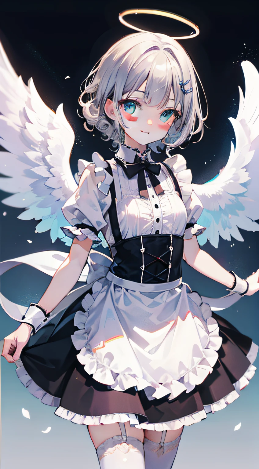 tmasterpiece, Best quality at best, Yuuri Saki Mika,The stands up,bedroom wake up call,1 girl, silver bob short hair, Side hair is long and curly,Green-eyed, Maid skirt,White suspender stockings,Three pairs of angel wings,angelic halo,ssmile,