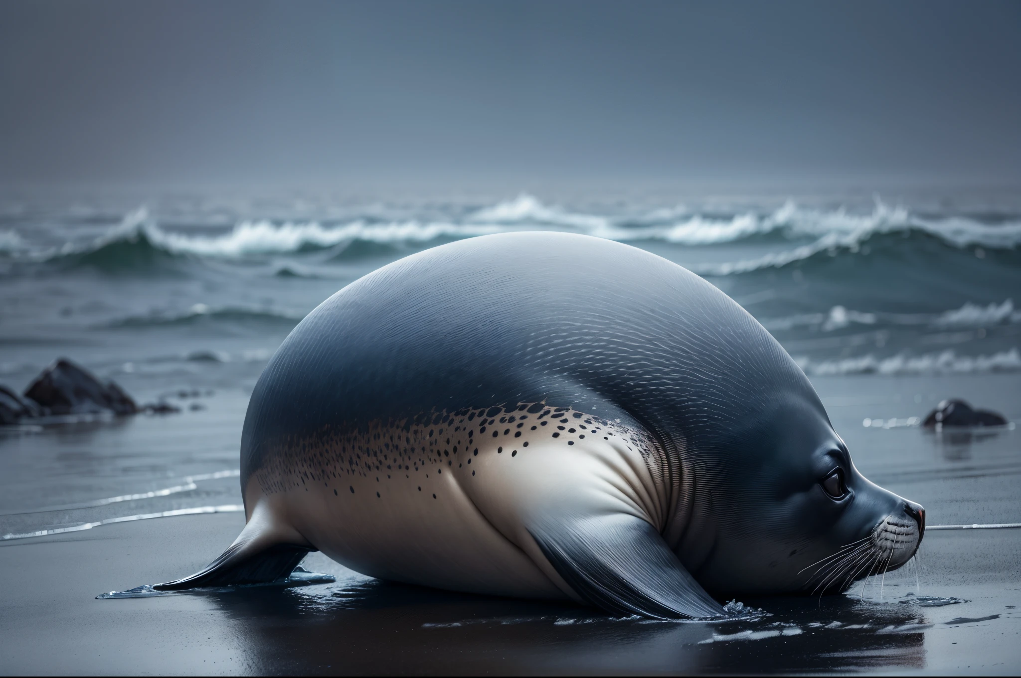 Fattest Seal in focus ,apocaliptic sea background,dark art, dark, apocaliptic  hyper realistic 8k photorealistic outside fog, Approaching perfection, Dynamic, Highly detailed, Smooth, Sharp Focus, hight resolution relfective floor, epic, darkblue color --auto --s2