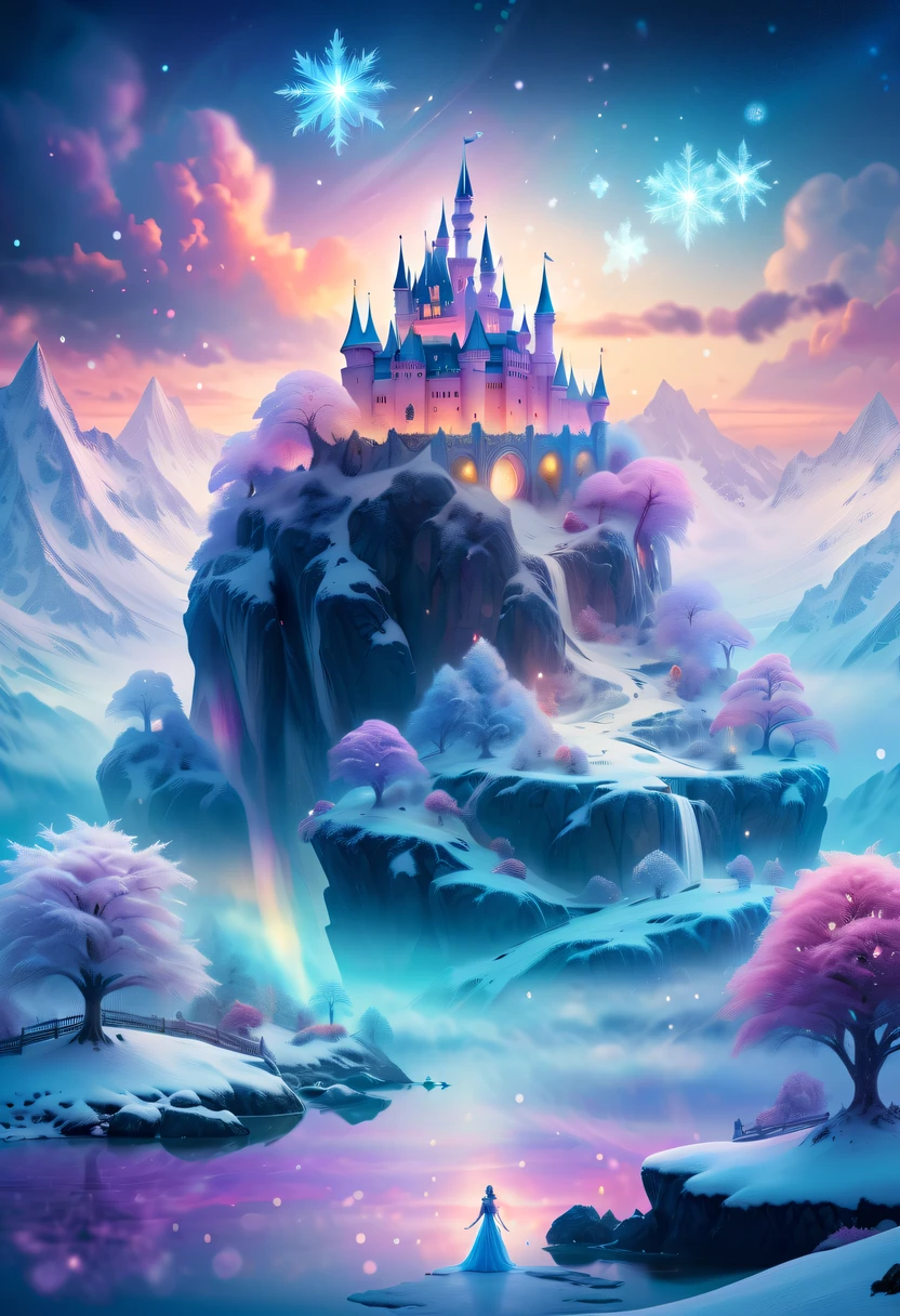 The princess's face appears in the air,(multiple exposure:1.2),winter landscape,Surreal wonderland,Dreamy cloud and fairy island,Colorful snowflakes are flying,A princess'The palace is covered with snow,The tree of life blooms with endless vitality,Twinkling stars in the night sky,Overlapping clouds and fog,Whimsical fantasy landscape art, Beautiful Art Ultra HD 8K, 8K highly detailed digital art, beautiful detailed fantasy, epic dreamlike fantasy landscape, Mysterious and dreamy scenery, Magic fantasy is very detailed, magical scenery, composed...consist of , and Snow Fantasy Floating Fairy Island, detailed fantasy digital art, 8K detailed digital art