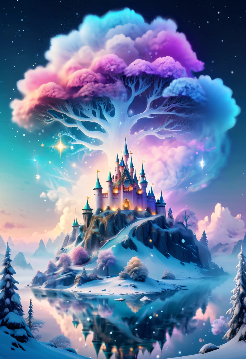 The princess&#39;s face appears in the air，(multiple exposure:1.2),winter landscape，Surreal wonderland，Dreamy cloud and fairy island，Colorful snowflakes are flying，A princess&#39;The palace is covered with snow，The tree of life blooms with endless vitality，Twinkling stars in the night sky，Overlapping clouds and fog，Whimsical fantasy landscape art, Beautiful Art Ultra HD 8K, 8K highly detailed digital art, beautiful detailed fantasy, epic dreamlike fantasy landscape, Mysterious and dreamy scenery, Magic fantasy is very detailed, magical scenery, composed...consist of ,  and Snow Fantasy Floating Fairy Island, detailed fantasy digital art, 8K detailed digital art