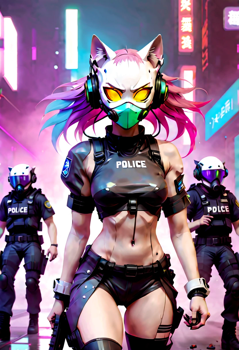 sci-fi city amidst a riot of aliens and humans throwing rocks and bottles and burning cars, cyberpunk asian woman, wearing police riot gear, cyberpunk mask, nervous smile, streaked hair, streaked hair, multicolored hair, mouth mask, gas mask, headphones, behind-the-head headphones, wide eyes, cat ear headphones, masterpiece, anatomically correct, super detail, best quality, highres, HD, using handcuffs to lock up an alien rioter with a beaten look