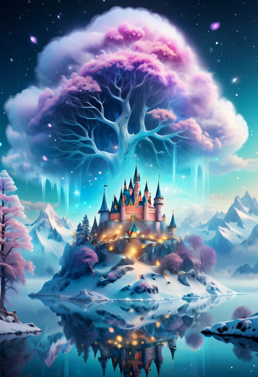 The princess's face appears in the air，(multiple exposure:1.2),winter landscape，Surreal wonderland，Dreamy cloud and fairy island，Colorful snowflakes are flying，A princess'The palace is covered with snow，The tree of life blooms with endless vitality，Twinkling stars in the night sky，Overlapping clouds and fog，Whimsical fantasy landscape art, Beautiful Art Ultra HD 8K, 8K highly detailed digital art, beautiful detailed fantasy, epic dreamlike fantasy landscape, Mysterious and dreamy scenery, Magic fantasy is very detailed, magical scenery, composed...consist of ,  and Snow Fantasy Floating Fairy Island, detailed fantasy digital art, 8K detailed digital art