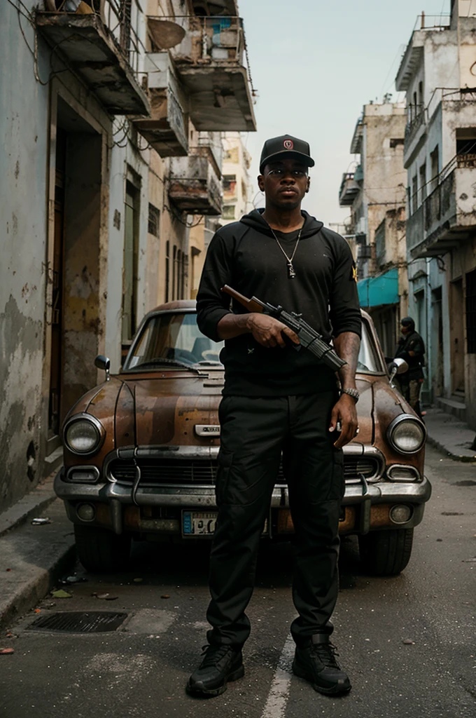 Airsoft player in the style of Grand Theft Auto from Cuba, looking like a gangsta from Cuba, standing behind a car in a city, let the background be like Cuba