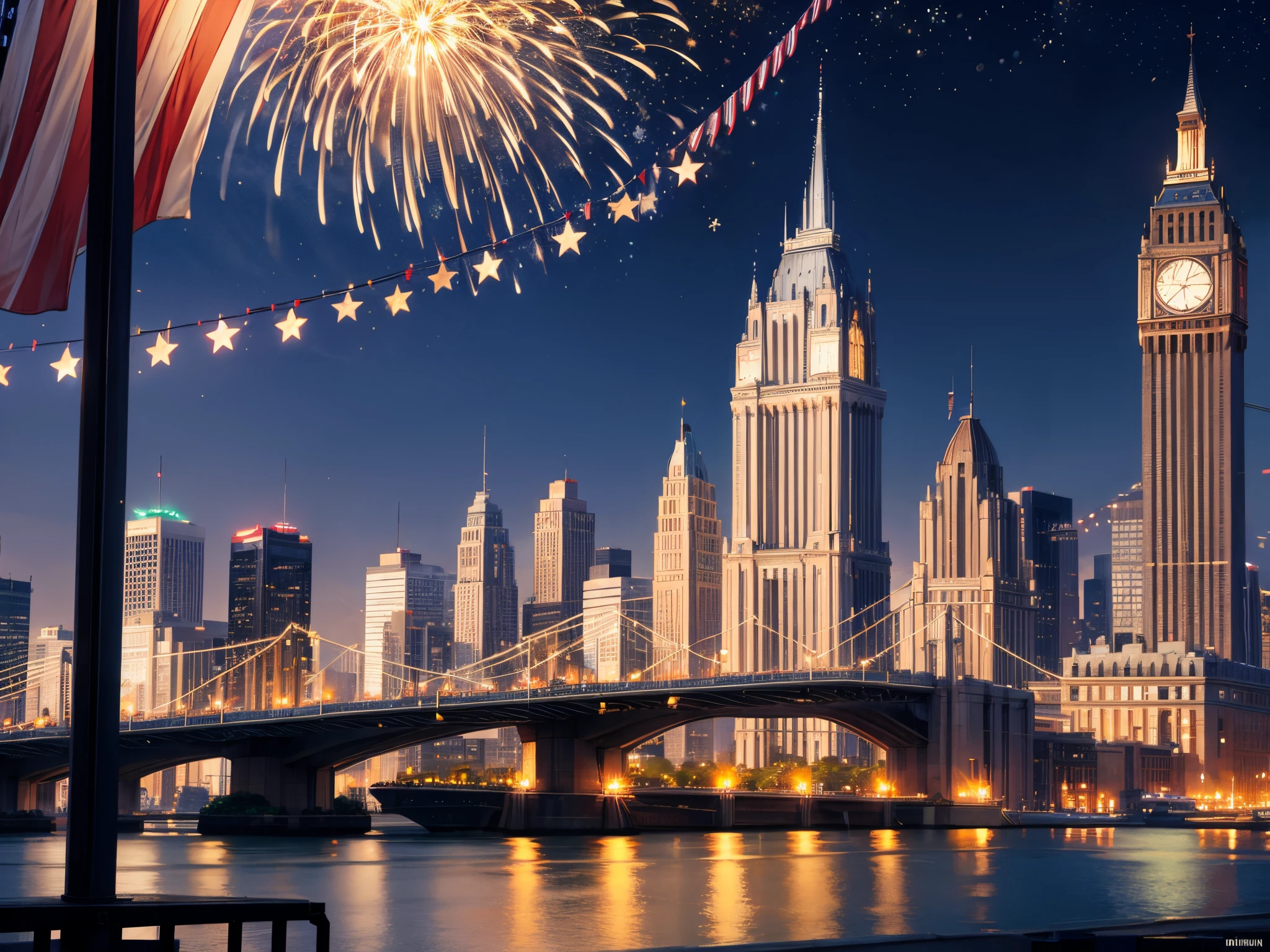 Craft a cityscape where buildings are draped in star-spangled banners and fractal lights, transforming the skyline into a patriotic masterpiece for Independence Day.
