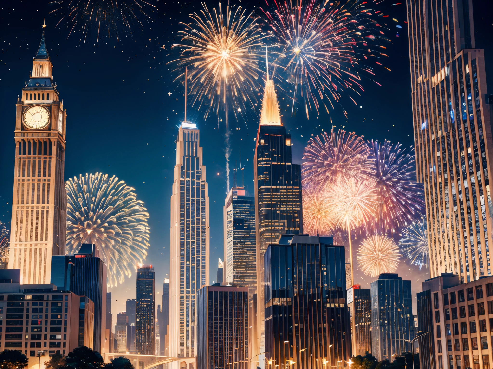 Craft a cityscape where buildings are draped in star-spangled banners and fractal lights, transforming the skyline into a patriotic masterpiece for Independence Day.