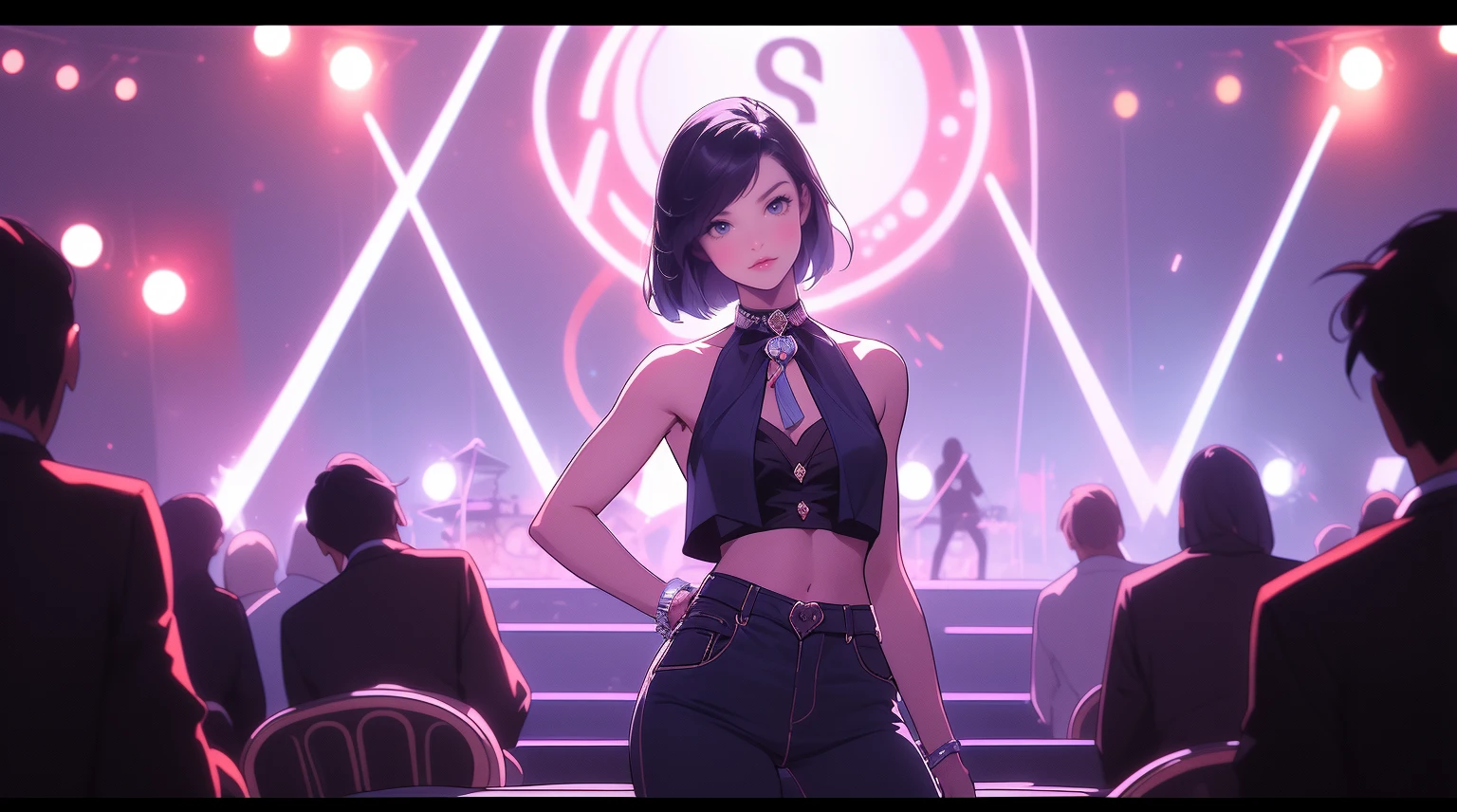 Yelan|genshin impact, master-piece, bestquality, (1 girl : 1.5),25 years old, shorts jeans, crop top, mediuml breasts, Beautiful breasts, bara, Long Jeans, Splash with purple lightning pattern., arm behind back, Thigh strap, Head tilt, bored, Music Festival BG, Concert , Stage , Audience
