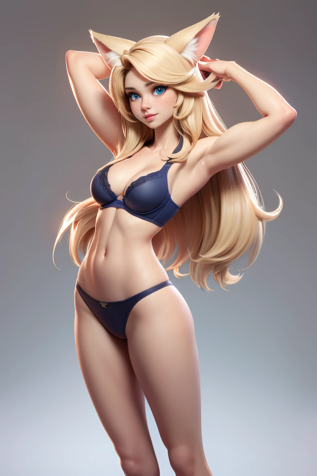 Beautiful 1girl, full body, teenager, solo, (very long waist length blonde hair, straight blonde hair: 1.28), ((light blue eyes)), clear skin, (large darker fox ears: 1.45), pale skin, medium breasts, cleavage, (thin hips, thin waist , athletic body: 1.25), background, looking away,, revealing clothes, (wearing bra & panties: 1.5), (arms behind head:1.7), 4k textures, soft light, elegant, highly detailed, sharp focus, soothing tones,