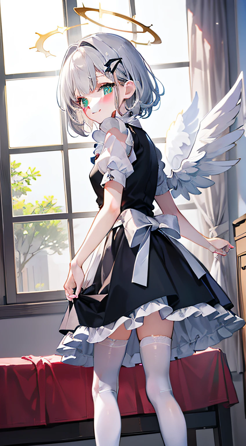 tmasterpiece, Best quality at best, Yuuri Saki Mika,The stands up,bedroom wake up call,1 five year old girl, silver bob short hair, Side hair is long and curly,Green-eyed, Maid skirt,White stockings,Three pairs of angel wings,angelic halo,ssmile,