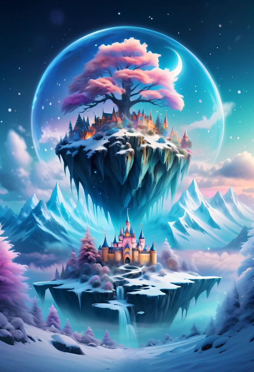 The princess&#39;s face appears in the air，(multiple exposure:1.2),winter landscape，Surreal wonderland，Dreamy cloud and fairy island，Colorful snowflakes are flying，A princess&#39;The palace is covered with snow，The tree of life blooms with endless vitality，ling stars in the night sky，Overlapping clouds and fog，Whimsical fantasy landscape art, Beautiful Art Ultra HD 8K, 8K highly detailed digital art, beautiful detailed fantasy, epic dreamlike fantasy landscape, Mysterious and dreamy scenery, Magic fantasy is very detailed, magical scenery, composed...consist of ,  and Snow Fantasy Floating Fairy Island, detailed fantasy digital art, 8K detailed digital art