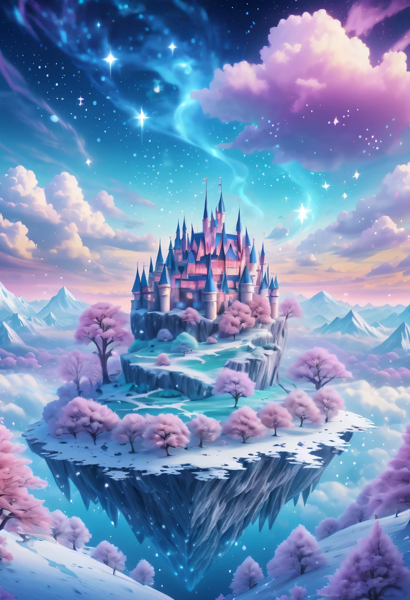 winter landscape，Surreal wonderland，Dreamy cloud and fairy island，Colorful snowflakes are flying，A princess&#39;The palace is covered with snow，The tree of life blooms with endless vitality，Twinkling stars in the night sky，Overlapping clouds and fog，Whimsical fantasy landscape art, Beautiful Art Ultra HD 8K, 8K highly detailed digital art, beautiful detailed fantasy, epic dreamlike fantasy landscape, Mysterious and dreamy scenery, Magic fantasy is very detailed, magical scenery, composed...consist of ,  and Snow Fantasy Floating Fairy Island, detailed fantasy digital art, 8K detailed digital art