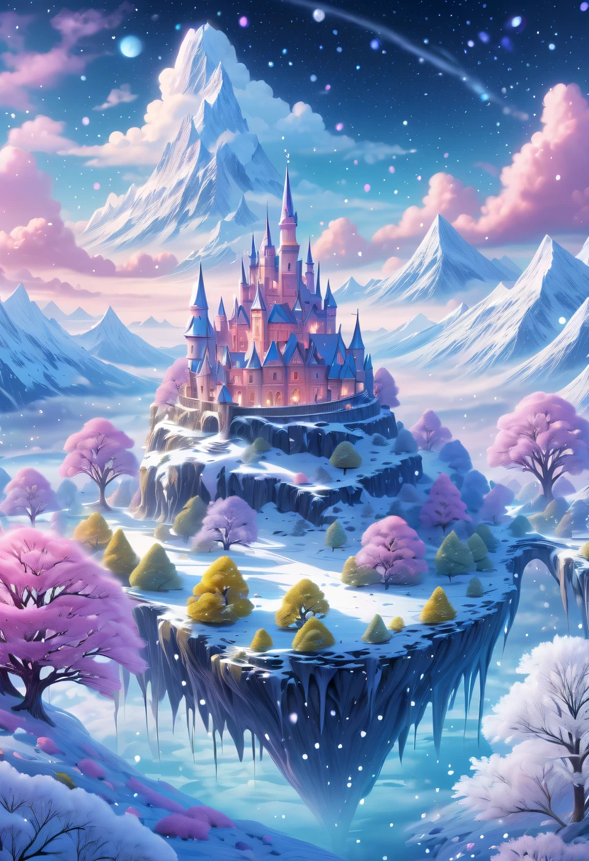 winter landscape，Surreal wonderland，Dreamy cloud and fairy island，Colorful snowflakes are flying，A princess&#39;The palace is covered with snow，The tree of life blooms with endless vitality，Twinkling stars in the night sky，Overlapping clouds and fog，Whimsical fantasy landscape art, Beautiful Art Ultra HD 8K, 8K highly detailed digital art, beautiful detailed fantasy, epic dreamlike fantasy landscape, Mysterious and dreamy scenery, Magic fantasy is very detailed, magical scenery, composed...consist of ,  and Snow Fantasy Floating Fairy Island, detailed fantasy digital art, 8K detailed digital art