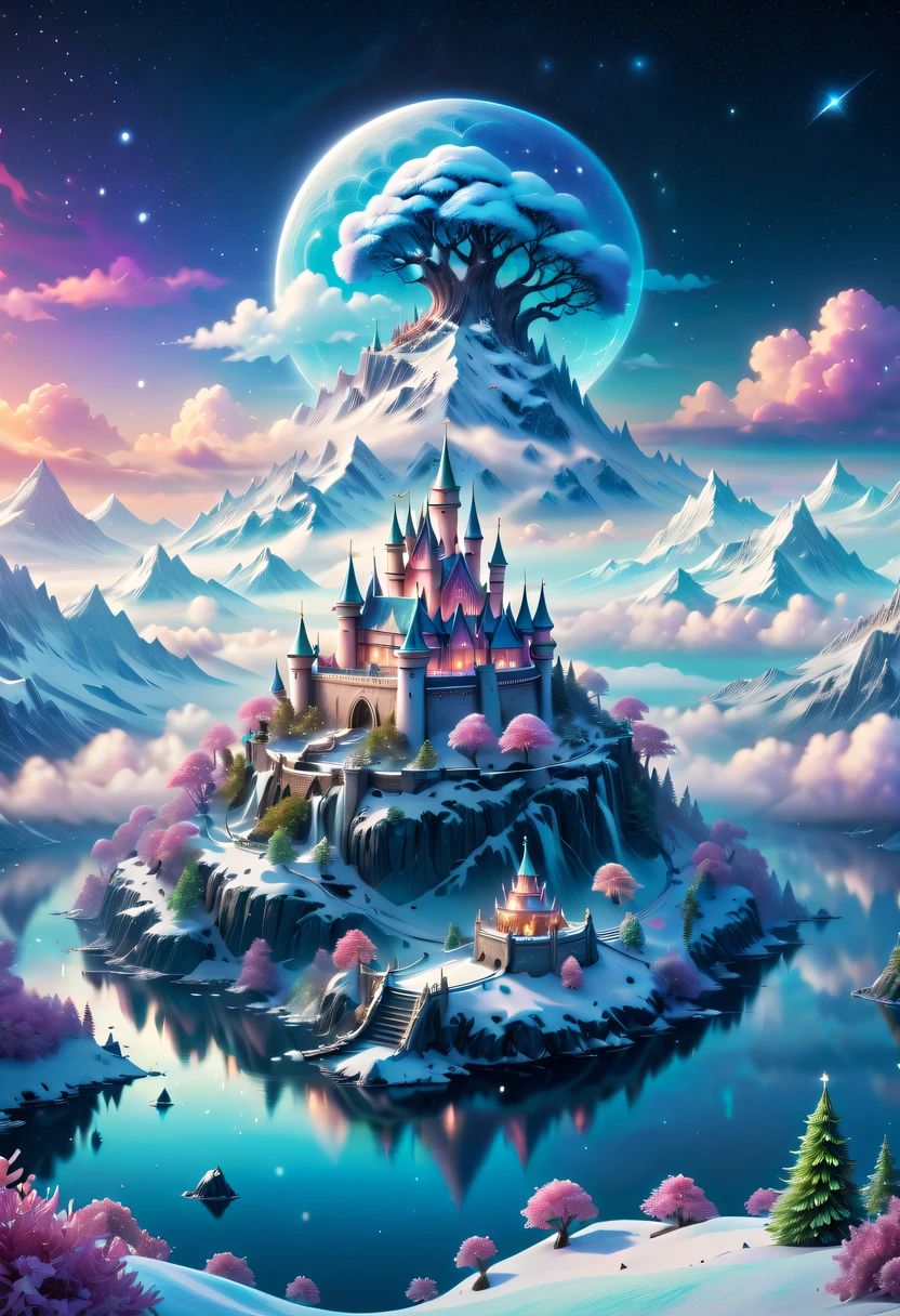 winter landscape,Surreal wonderland,Dreamy cloud and fairy island,Colorful snowflakes are flying,A princess'The palace is covered with snow,The tree of life blooms with endless vitality,Twinkling stars in the night sky,Overlapping clouds and fog,Whimsical fantasy landscape art, Beautiful Art Ultra HD 8K, 8K highly detailed digital art, beautiful detailed fantasy, epic dreamlike fantasy landscape, Mysterious and dreamy scenery, Magic fantasy is very detailed, magical scenery, composed...consist of , and Snow Fantasy Floating Fairy Island, detailed fantasy digital art, 8K detailed digital art